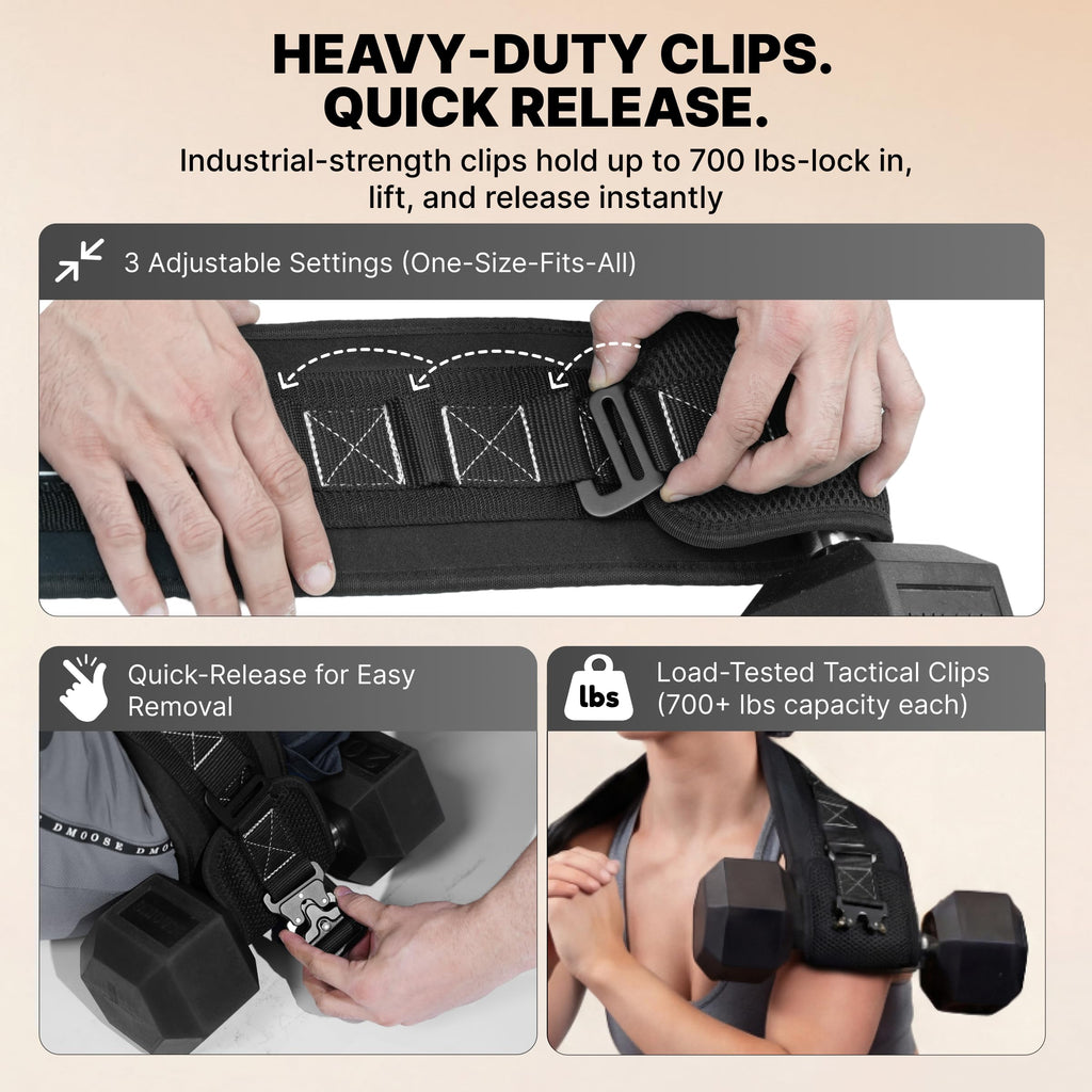 DMoose Fitness Hip Thrust Belt - Dual-Strap Glute Builder for Dumbbells, Plates, Kettlebells (Supports up to 700 lbs) - Comfortable Padded Booty Belt for Home & Gym (Black)
