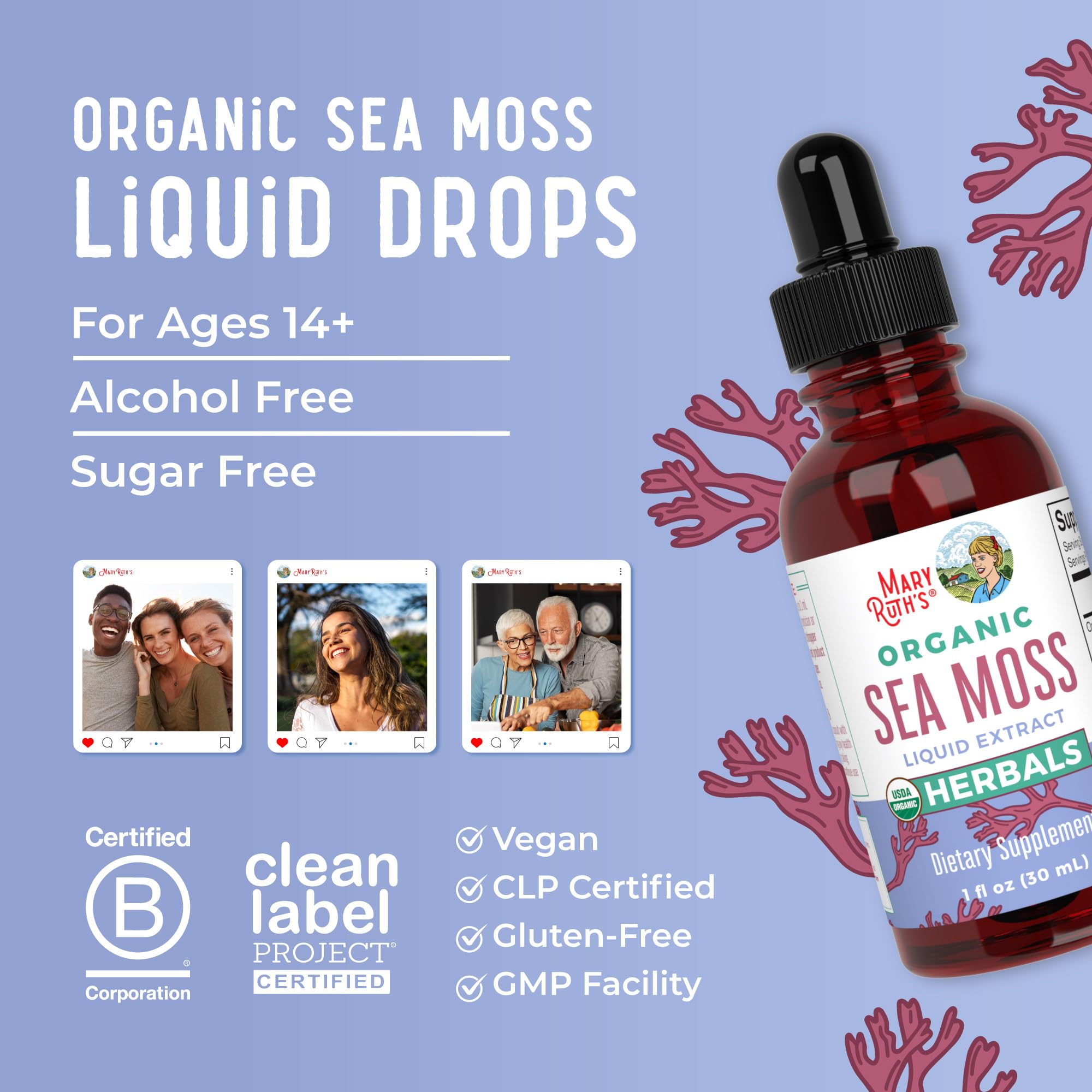 MARYRUTH'S Organic Irish Sea Moss Liquid Drops | Chondrus Crispus | Wild Harvested | Organic Irish Moss Formulated for Adults & Kids Ages 14+ | Unflavored | Sugar Free | Vegan | Non-GMO | 1 Fl Oz