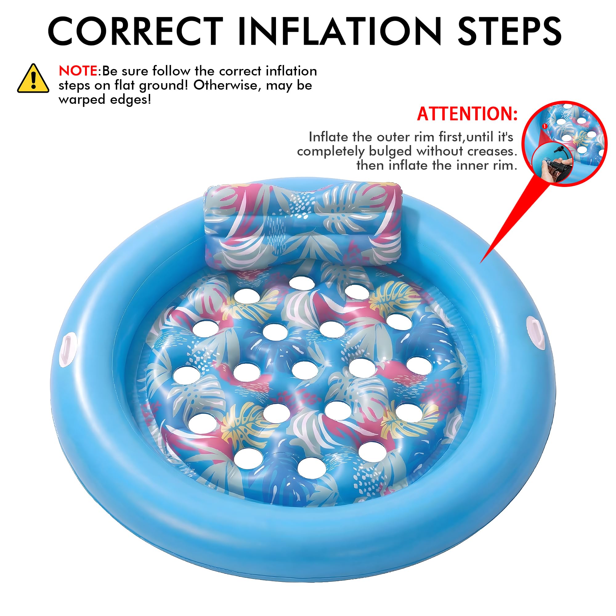Pool Floats Adult Heavy Duty, OKSUWATER 75" x 75" Giant Inflatable Pool Float with Removable Pillow & Handles, Tanning Pool Lounger Floaties Bed for Swimming Pool Beach Outdoor Summer Party (Blue-XL)