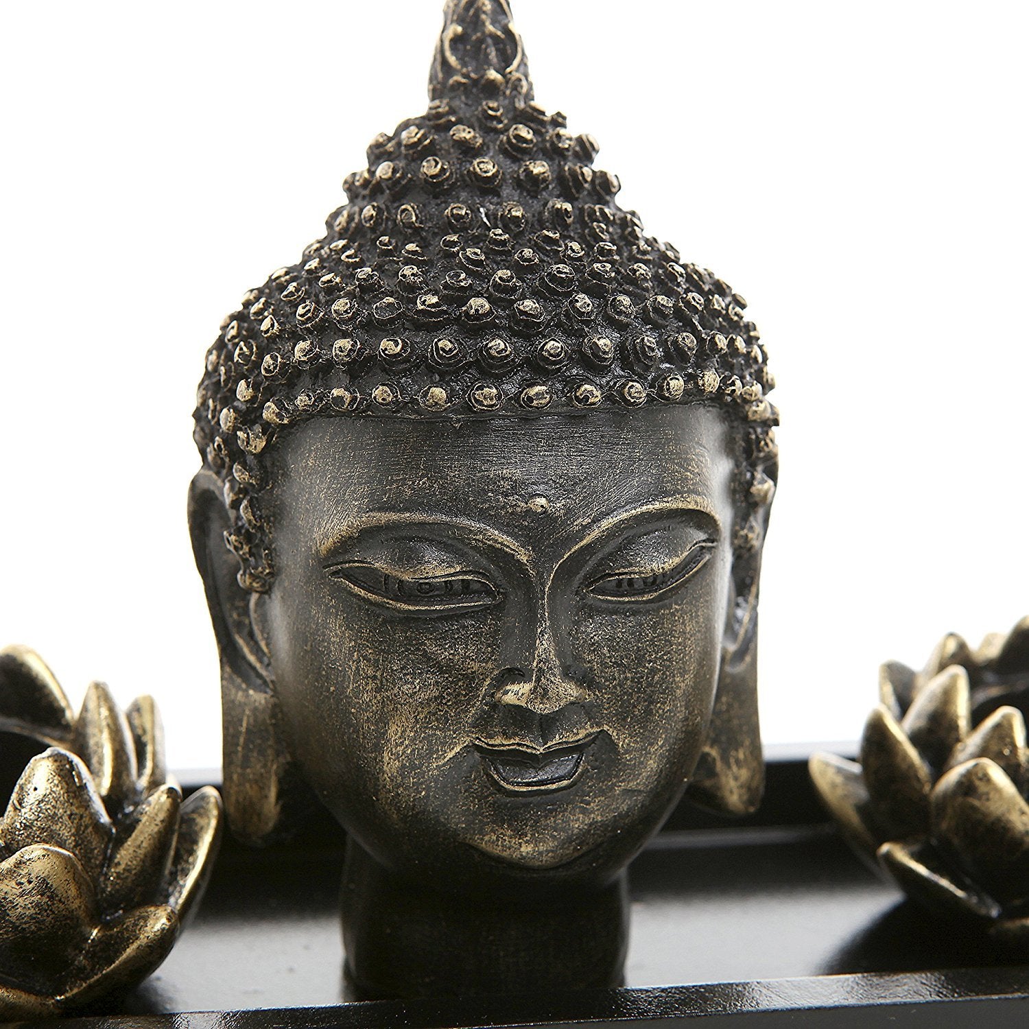 MyGift Black Buddha Head Sculpture Zen Garden Set with Lotus Tealight Candle Holders and Wooden Display Tray, Decorative Tabletop Home Accent