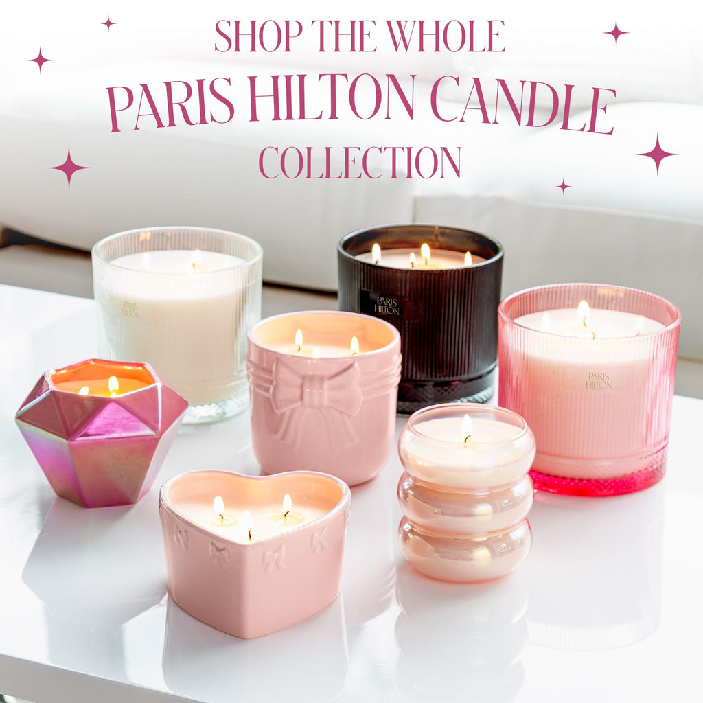 Paris Hilton Pink Spritz Scented Candle, Pink Ribbed Glass Vessel with Faceted Diamond Detail, Premium Plant Wax Blend, 4-Wicks, 40-Ounce