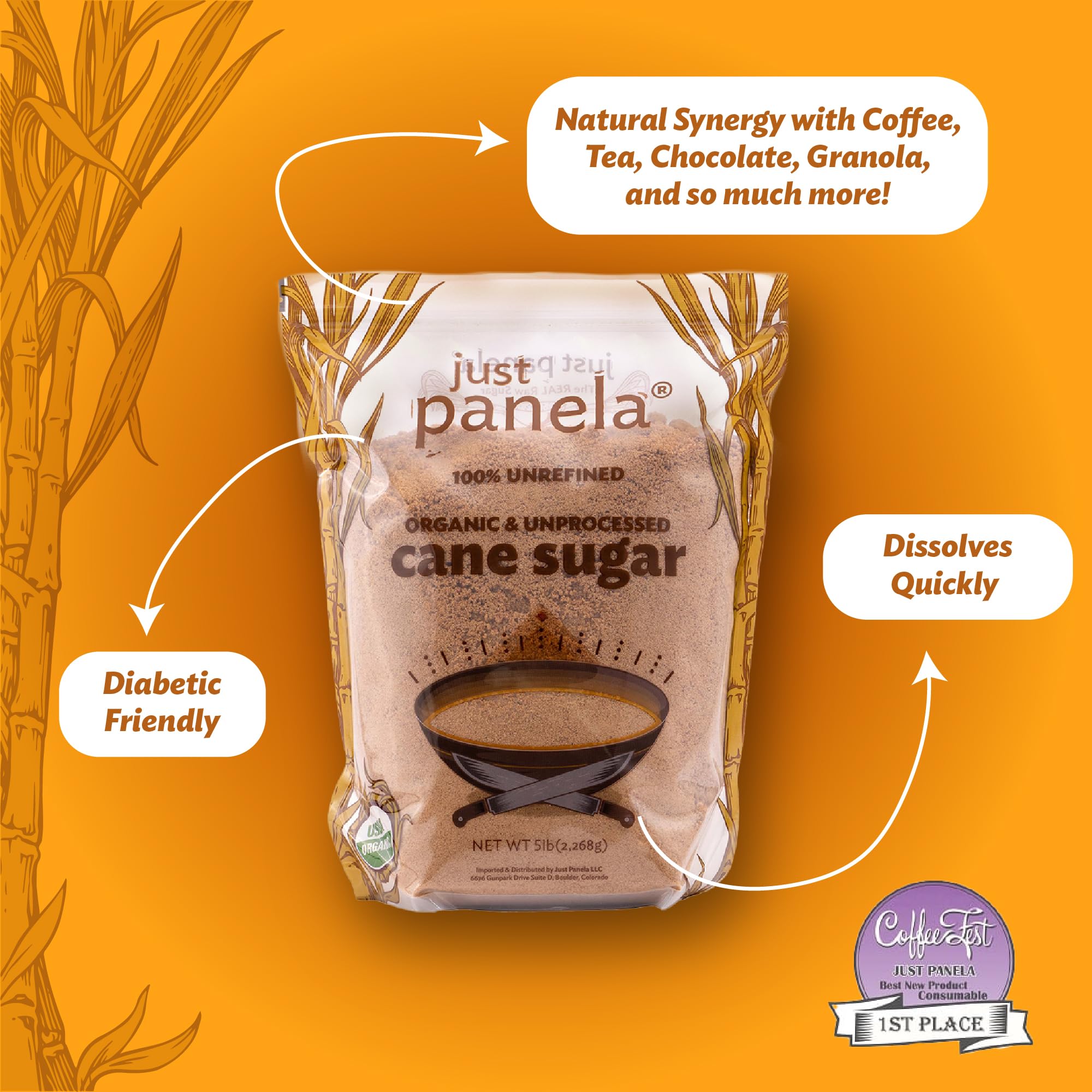 Just Panela Organic Unrefined Cane Sugar 5 Pound Pack of 1 | 100% Unprocessed, Raw Sugar | Panela Great for Baking, Cooking & Sweetening | Healthier Alternative to Regular Refined Sugar
