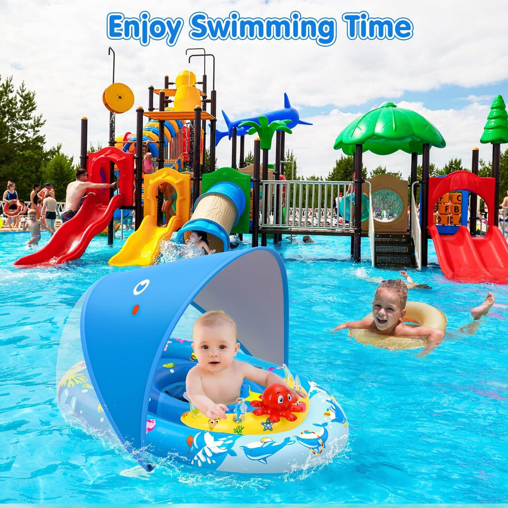 EZIGO Baby Pool Float with Canopy UPF50+ Sun Protection, Inflatable Kids Pool Floats with Ocean Animal Toys for Babies 6-36 Months, Infant Swimming Float with Adjustable Safety Seat for Boys Girls