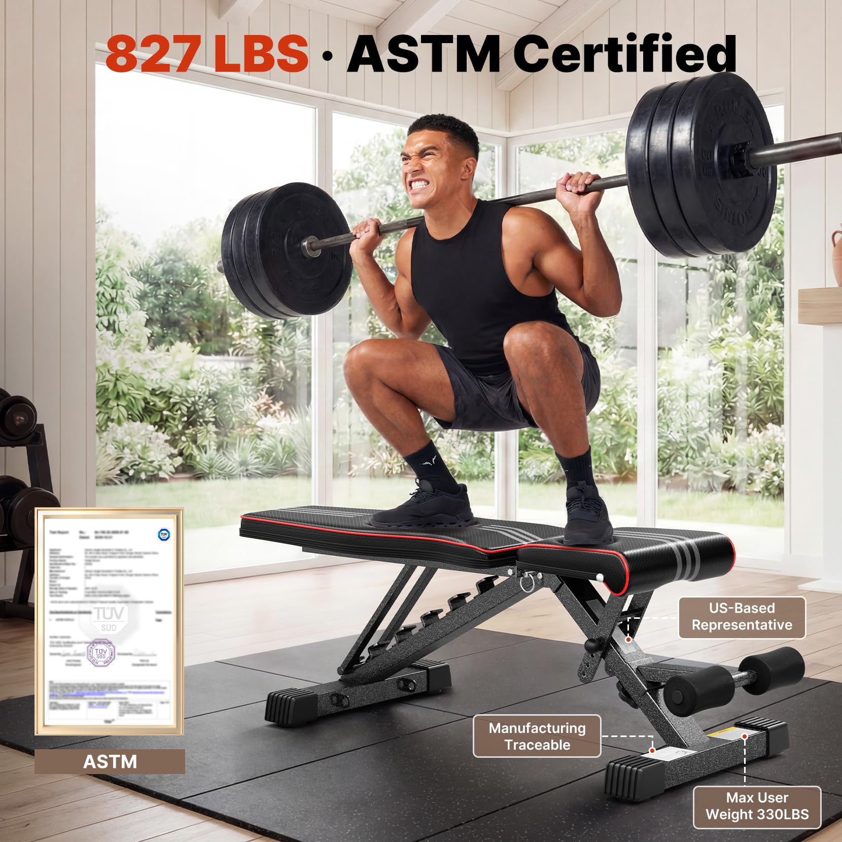 YOLEO Adjustable Weight Bench for Home Gym, ASTM-Certified 827LBS, 98% Pre-Assembled, Foldable Gym Bench with 84 Positions Incline Decline Flat, Wider Seat