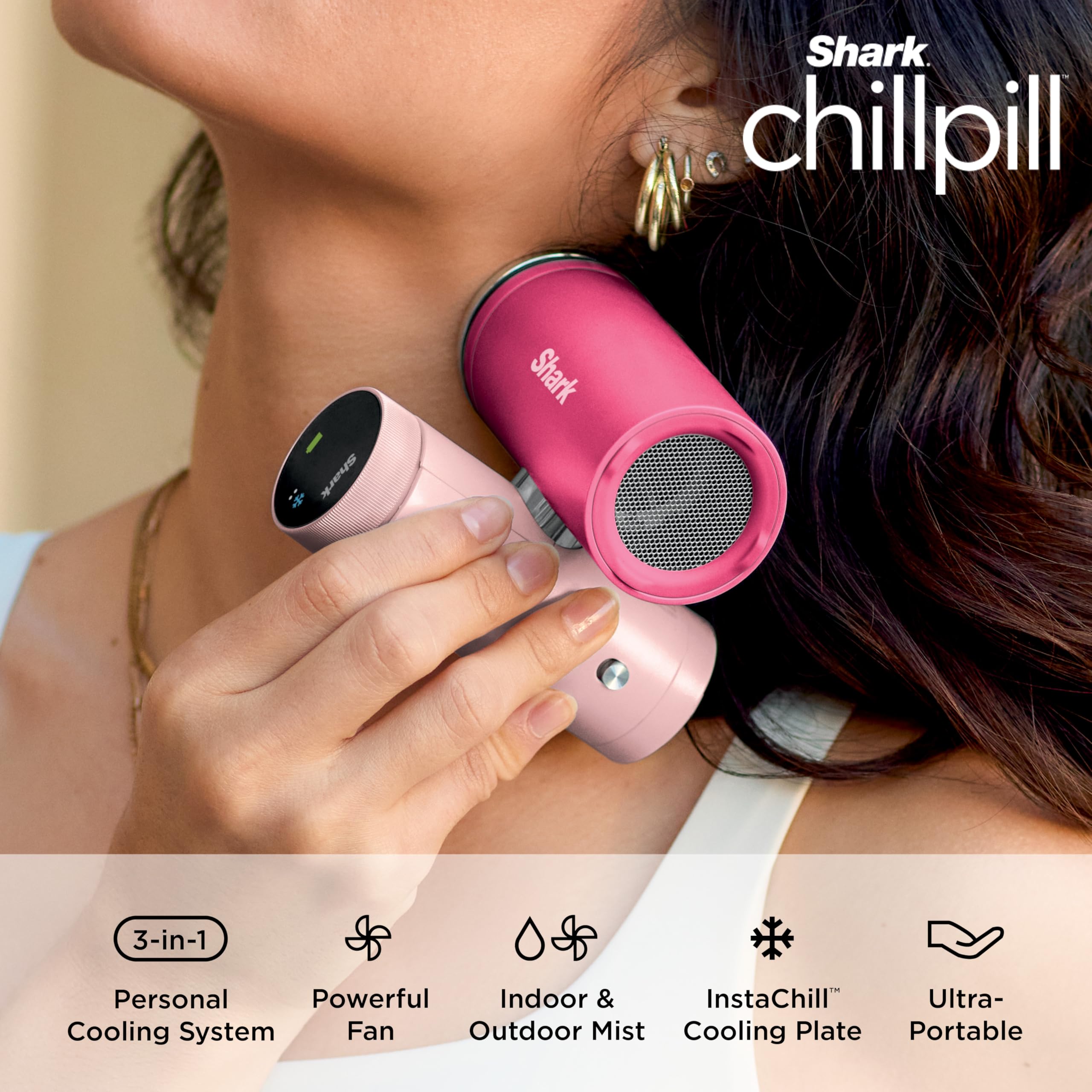 Shark ChillPill – The Only 3-in-1 Personal Cooling System with Fan, InstaChill Cooling Plate & Dry-Touch Mist – Portable, Handheld, Drops Skin Temp Up to 16°F, 10 Speeds, Glacier, FA022BL