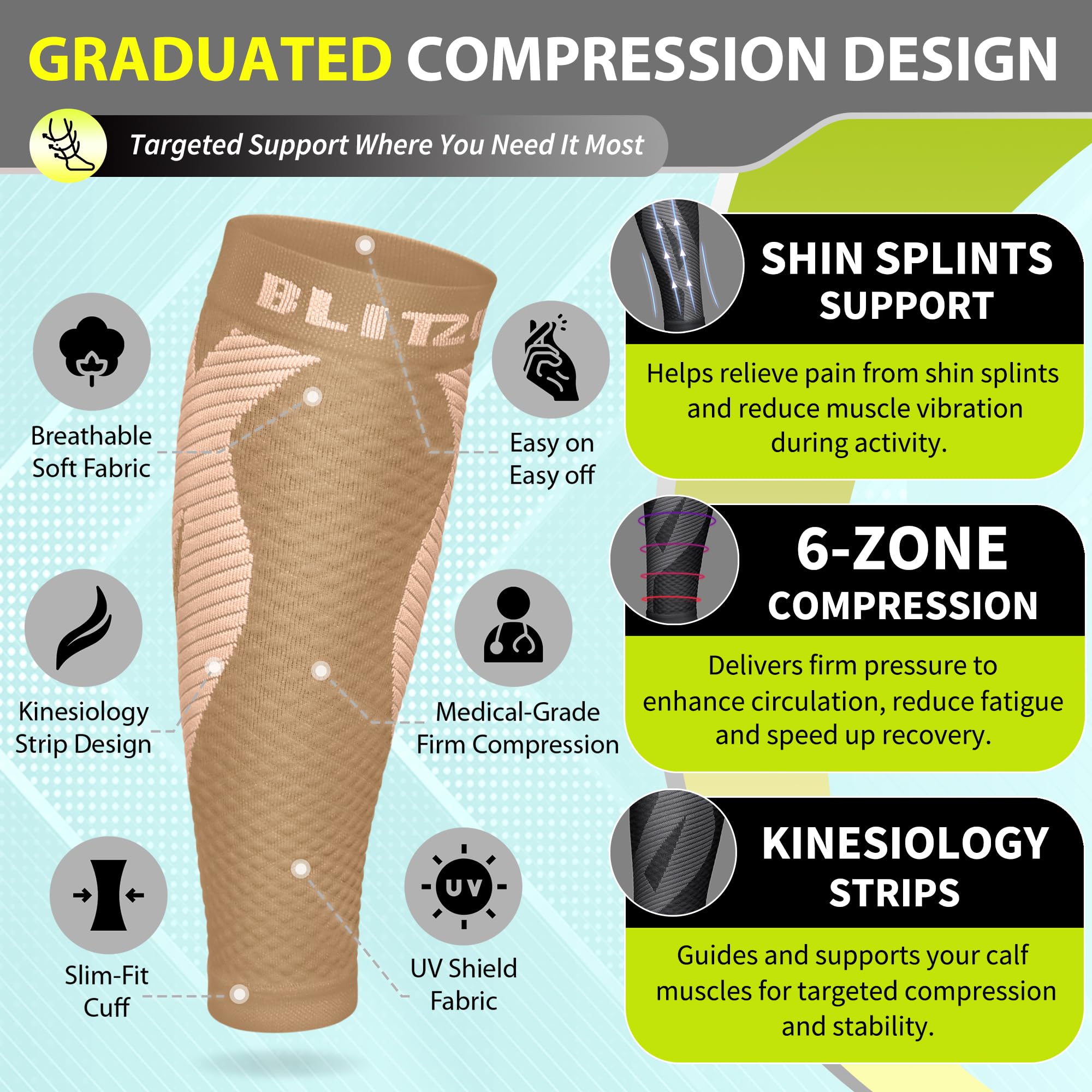 BLITZU Calf Compression Sleeves for Men and Women. Footless Compression Socks Support for Varicose Vein, Nursing, Running. Leg Sleeve Brace for Shin Splints, Pain Relief & Reduces Swelling Nude S-M