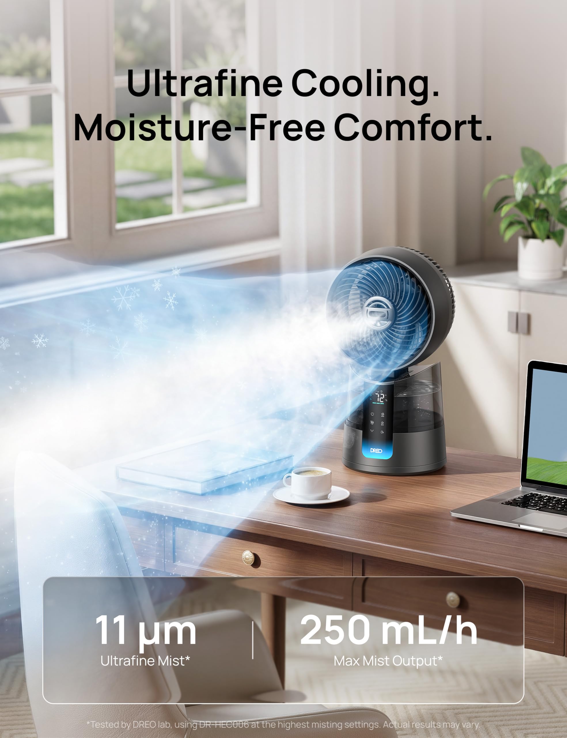 DREO TurboCool Misting Fan 516, 5℉ Drop Cooling Fans that Blow Cold Air, 150°+30° Omni-directional Oscillating, Evaporative air cooler, 26 ft/s Wind, Ultrafine Mist, 20dB Quiet, 6 Speeds 2 Modes, Grey
