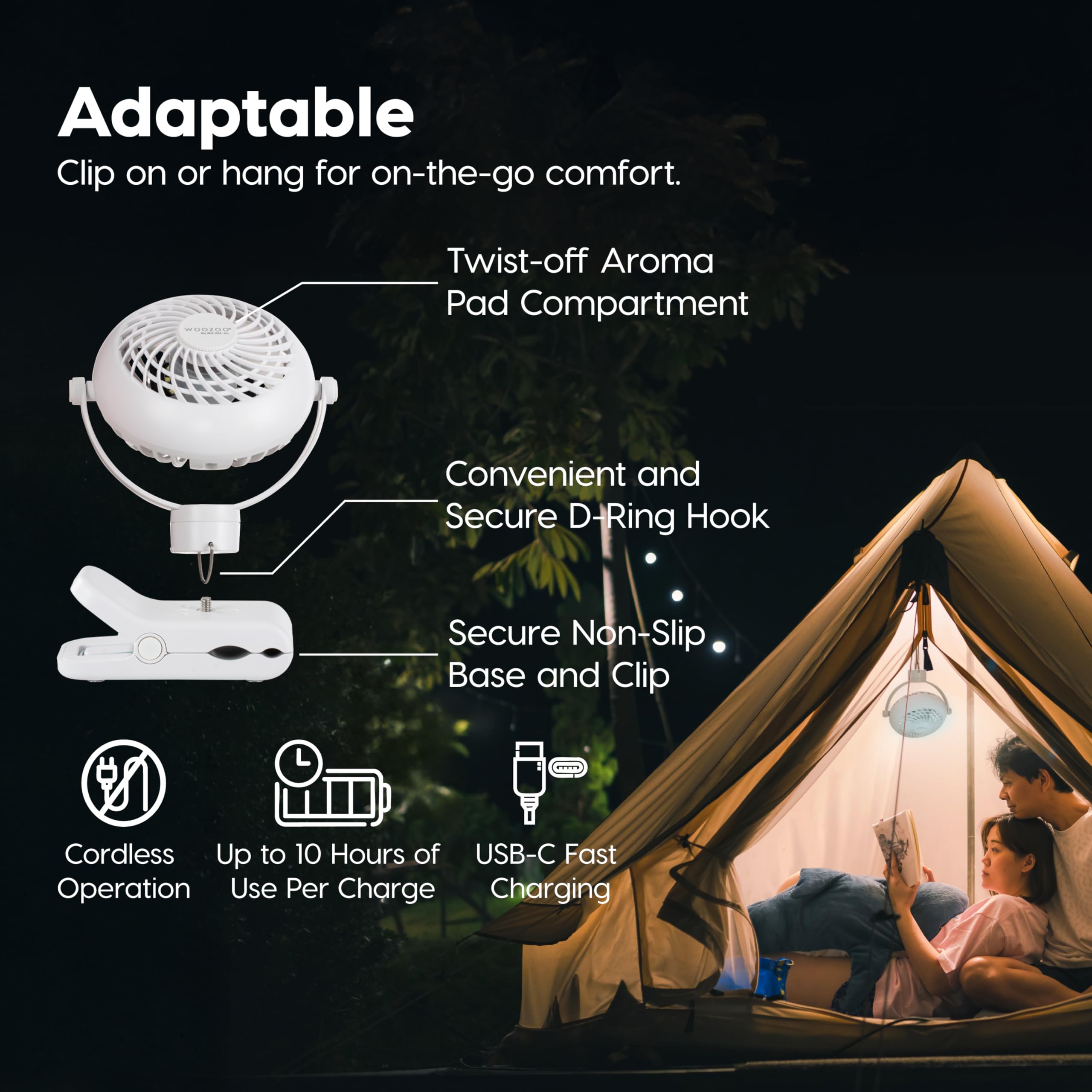 IRIS USA WOOZOO 3.5" Cordless Portable Clip On Fan, USB-C Rechargeable Fan, LED Light, Mosquito Repellent Tray, 360° Tilt, 3 Speeds,Bedside Kitchen Camping Golfing Outdoor Use, Blue