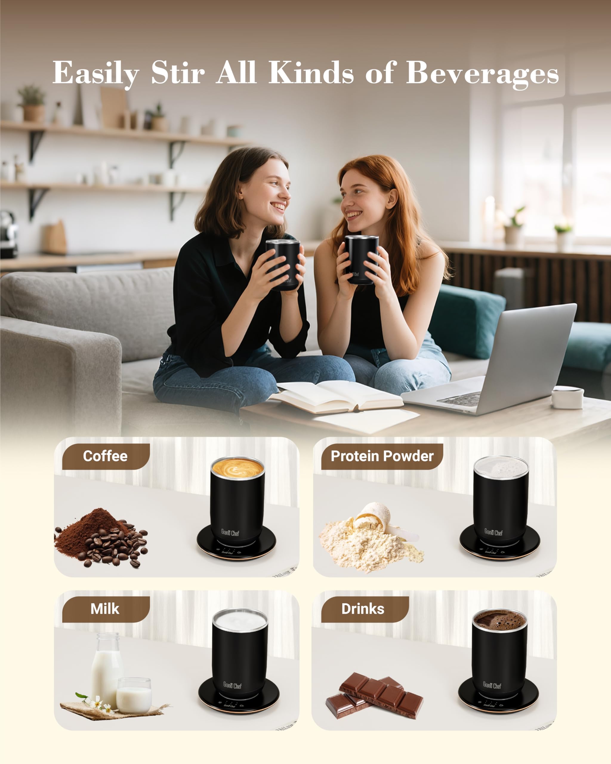 Self-Heating Coffee Mug, Coffee Mug with Self Stirring&Fast Heating, 10oz Temperature Controlled Coffee Cup Warmer, Heated for Tea/Coffee at Office/Kitchen/Travel, with Reusable Coffee Dripper, Black