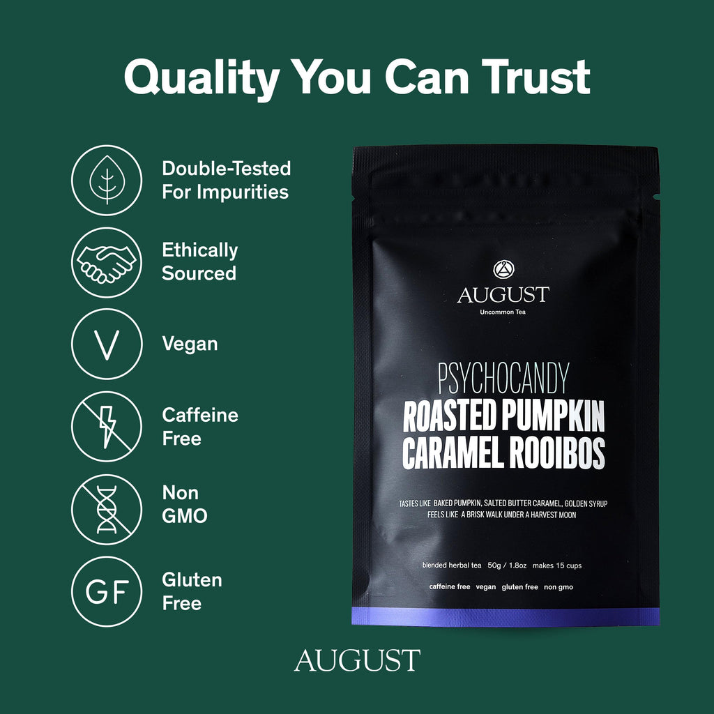 August Uncommon Psychocandy Loose Leaf Tea – Roasted Pumpkin Caramel South African Rooibos Tea – Vegan, Gluten-Free & Non-GMO – Creamy Caramel Flavor for Bedtime – Resealable 1.75oz Pouch (15-30 Cups)