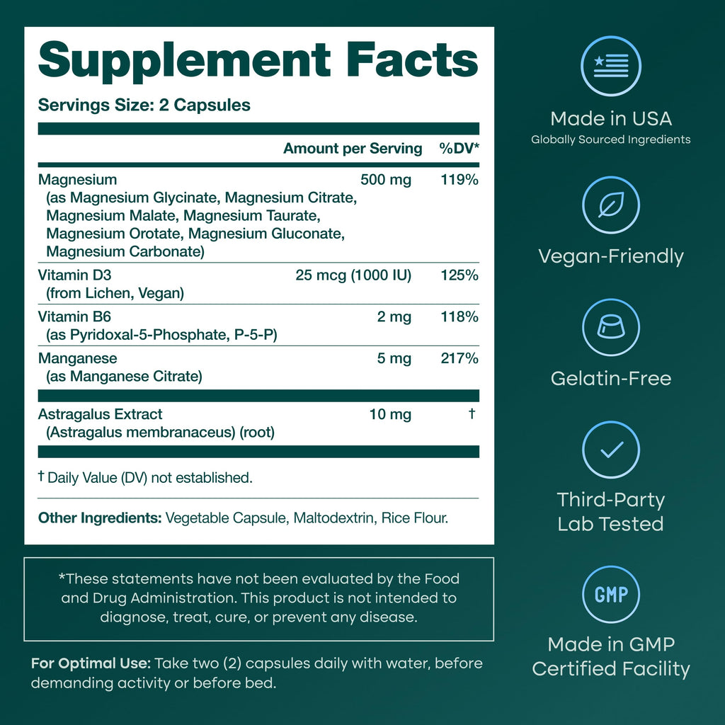 Magnesium Glycinate Complex (7-in-1) 500mg with D3 & B6 P5P - Multi-Form Blend with Glycinate, Citrate, Malate, Taurate, Gluconate, Carbonate, & Orotate - Supports Sleep and Muscle Health [Oxide-Free]