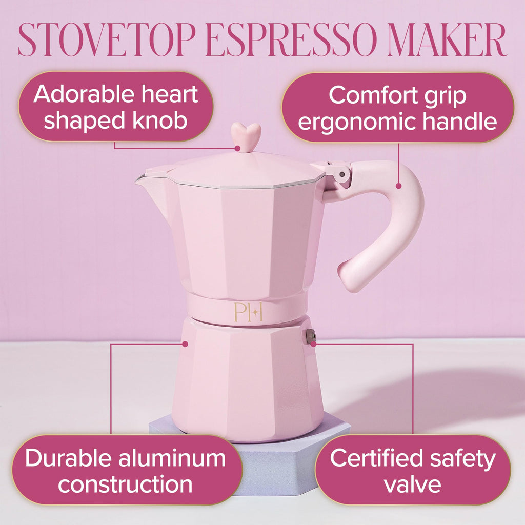 Paris Hilton Stovetop Espresso and Coffee Maker, Italian & Cuban Style Coffee Pot with Iconic Heart Knob, Perfect for Rich Aromatic Espresso, Makes up to 6 Espresso Cups, Pink