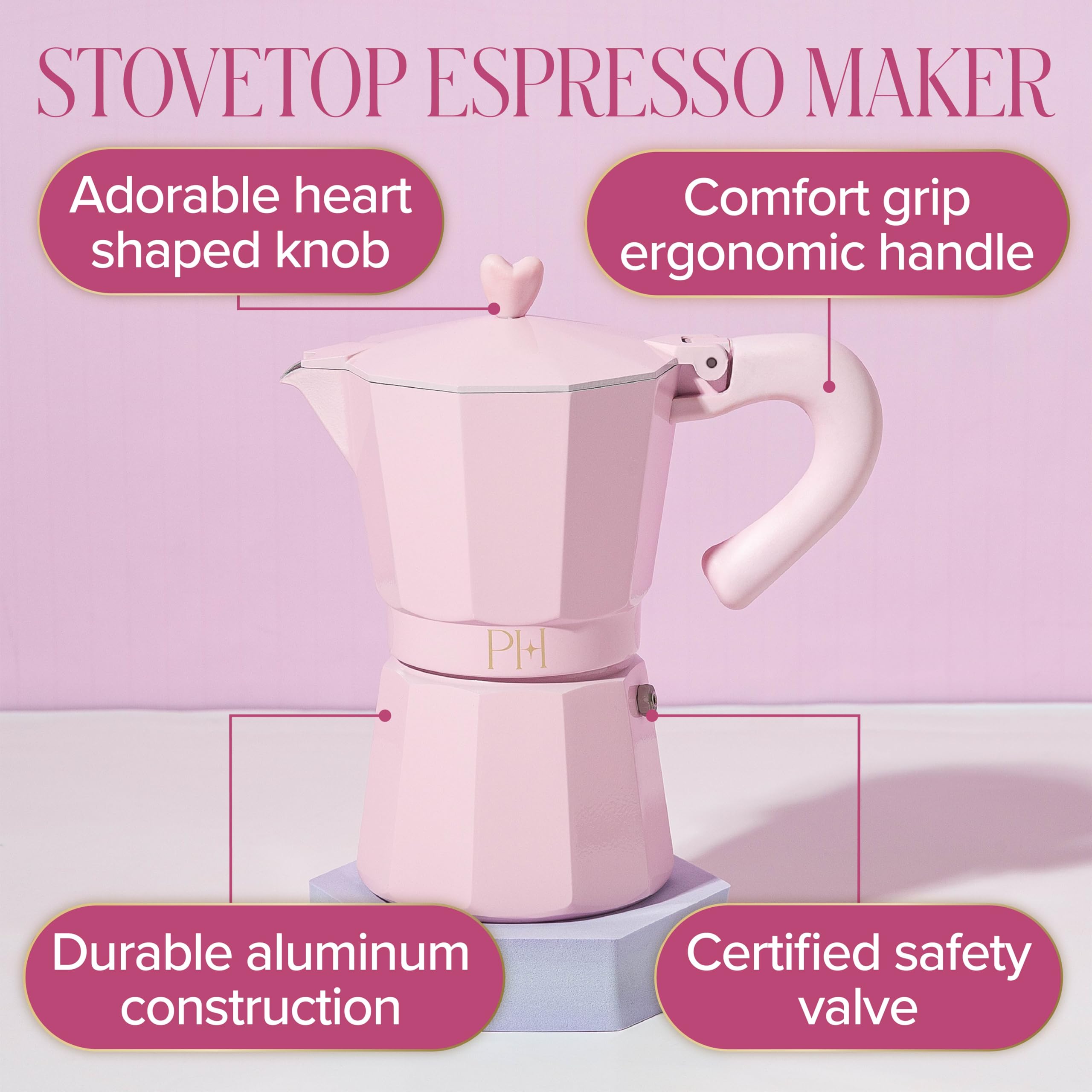 Paris Hilton Stovetop Espresso and Coffee Maker, Italian & Cuban Style Coffee Pot with Iconic Heart Knob, Perfect for Rich Aromatic Espresso, Makes up to 6 Espresso Cups, Pink
