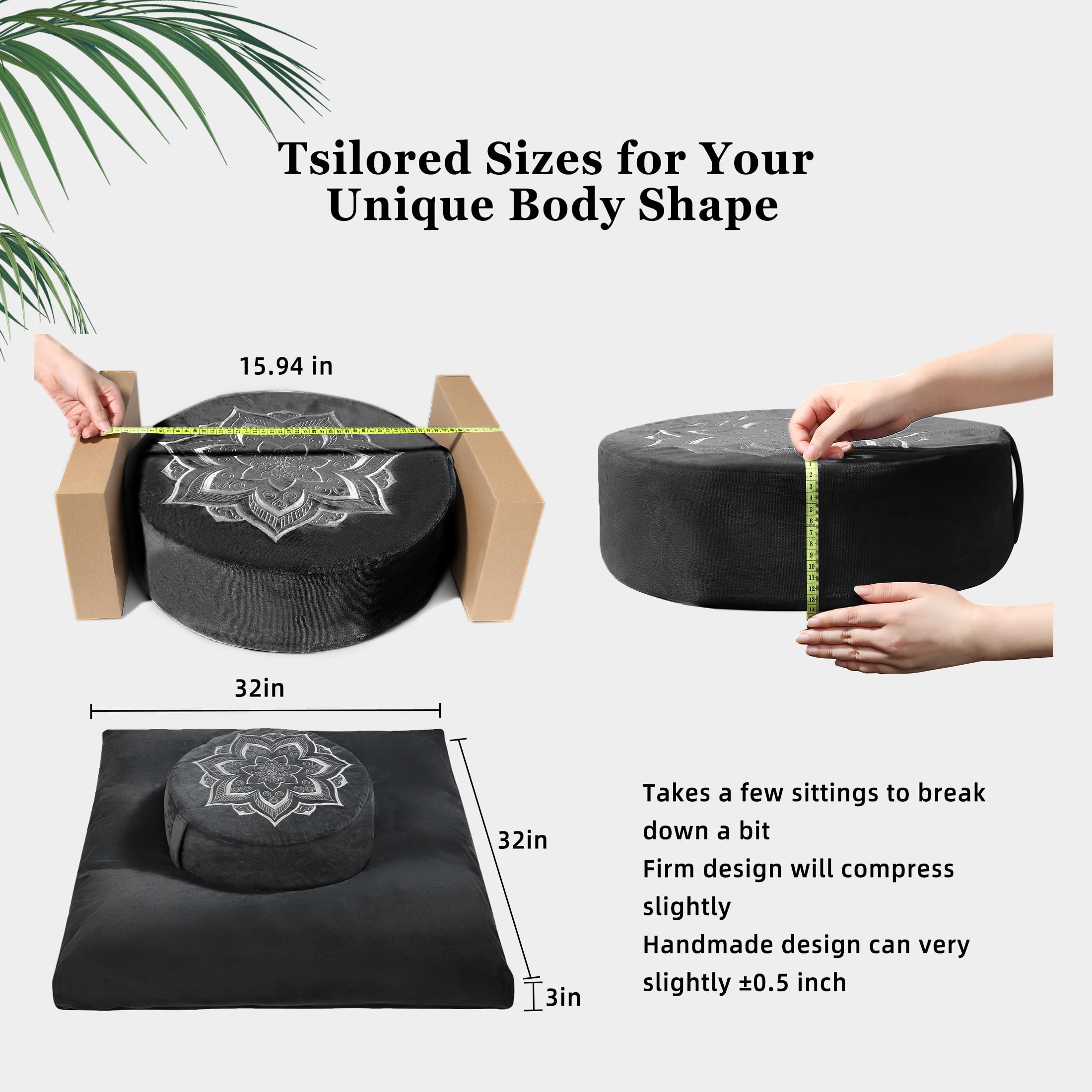 hunnidspace Meditation Cushion Set Zafu & Zabuton – Buckwheat Hull & Memory Foam, Adjustable Floor Pillow for Yoga, Meditation & Sitting, Removable Velvet Cover (Classic Black)