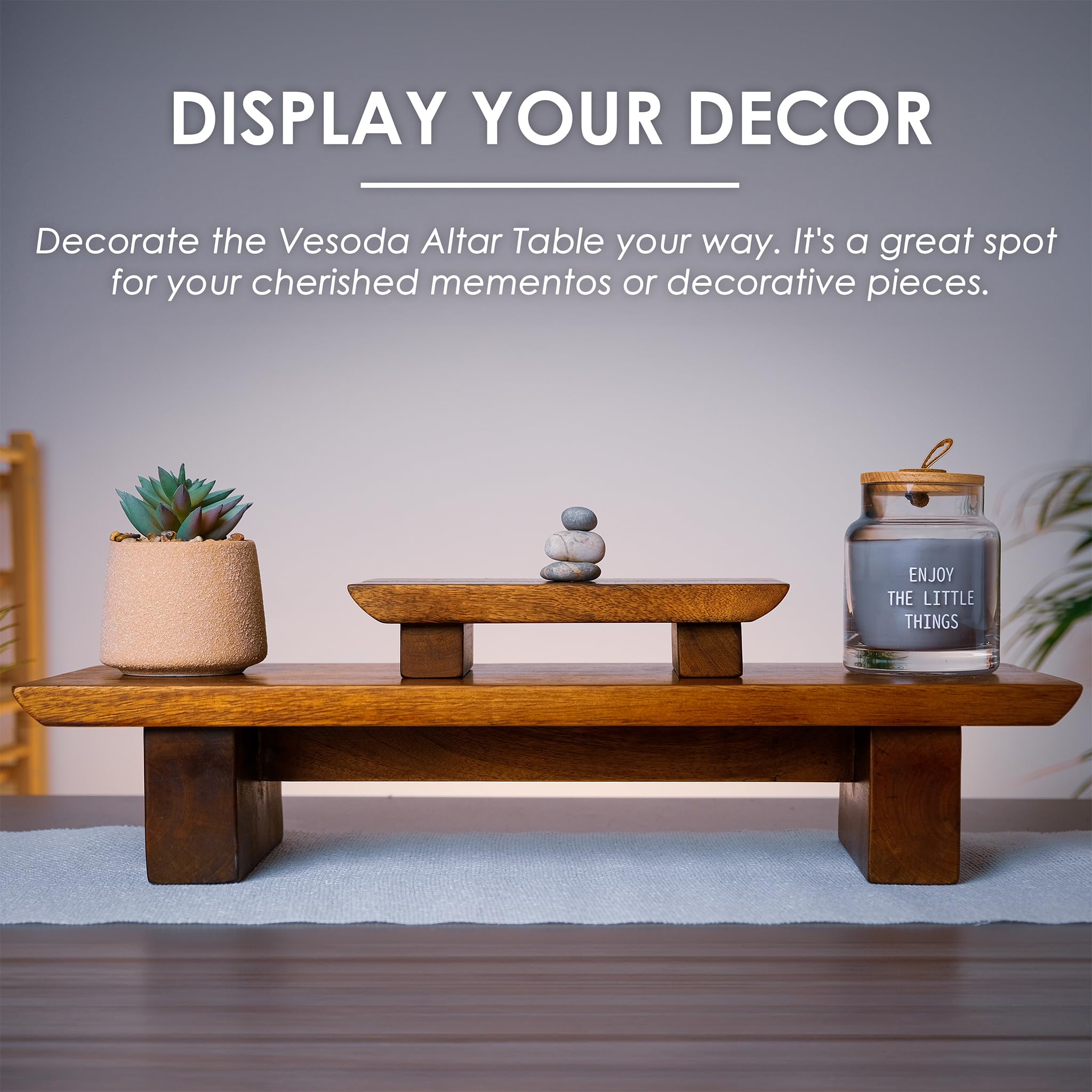 Vesoda Meditation Altar Table – 21 x 7.5 x 6 Inch Handmade Tiered Puja Shrine - Small Alter Tables for Relaxation, Prayer - Buddha Meditation Alter Made of Strong and Durable Mango Wood