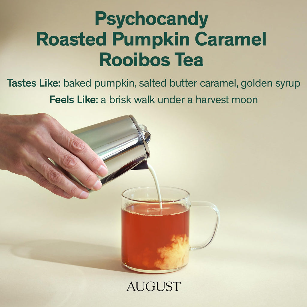 August Uncommon Psychocandy Loose Leaf Tea – Roasted Pumpkin Caramel South African Rooibos Tea – Vegan, Gluten-Free & Non-GMO – Creamy Caramel Flavor for Bedtime – Resealable 1.75oz Pouch (15-30 Cups)