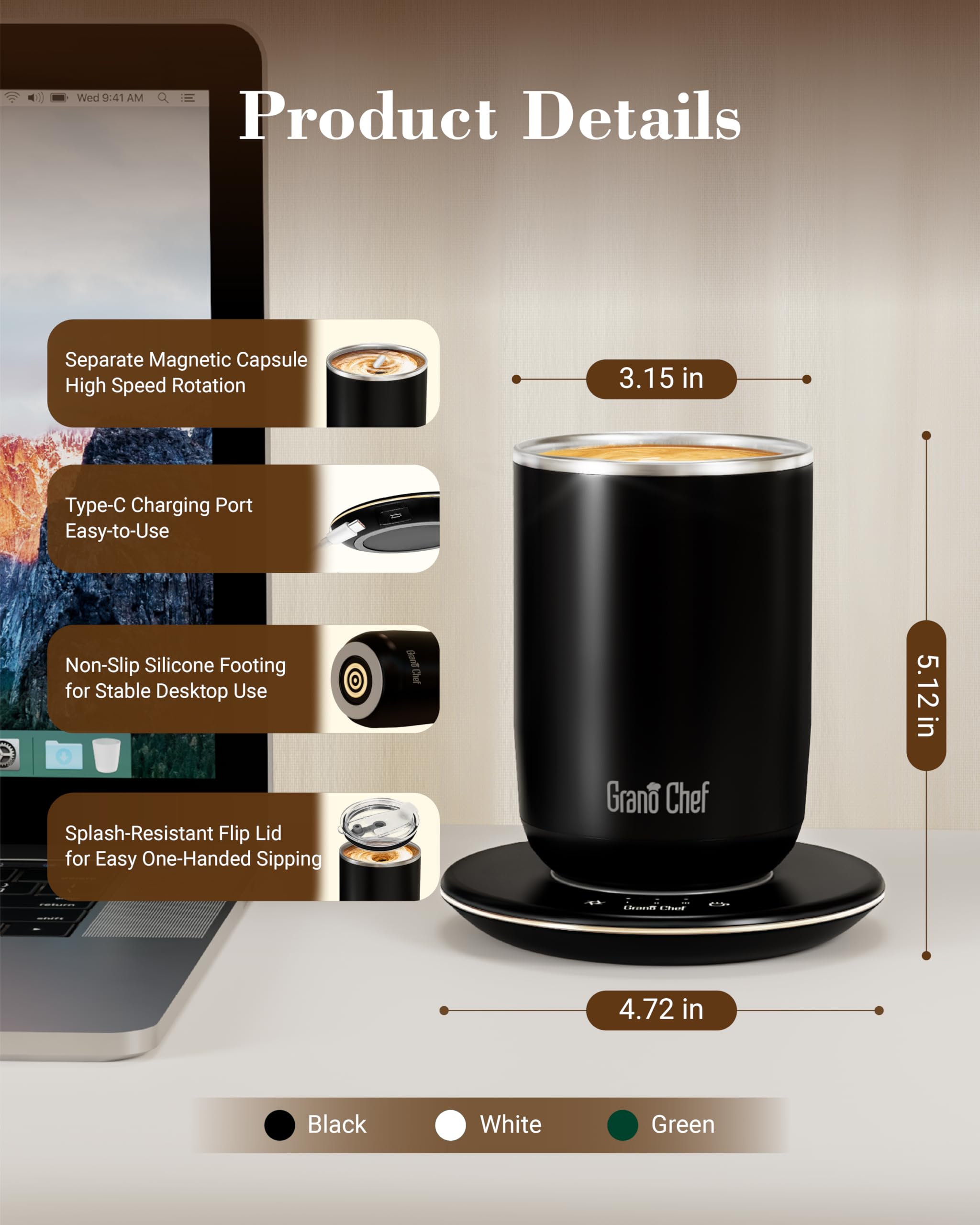 Self-Heating Coffee Mug, Coffee Mug with Self Stirring&Fast Heating, 10oz Temperature Controlled Coffee Cup Warmer, Heated for Tea/Coffee at Office/Kitchen/Travel, with Reusable Coffee Dripper, Black