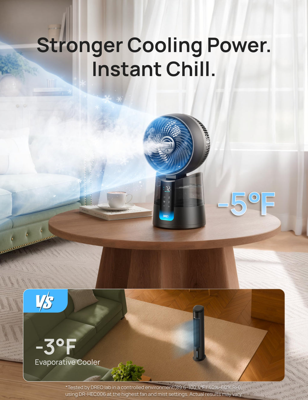 DREO TurboCool Misting Fan 516, 5℉ Drop Cooling Fans that Blow Cold Air, 150°+30° Omni-directional Oscillating, Evaporative air cooler, 26 ft/s Wind, Ultrafine Mist, 20dB Quiet, 6 Speeds 2 Modes, Grey