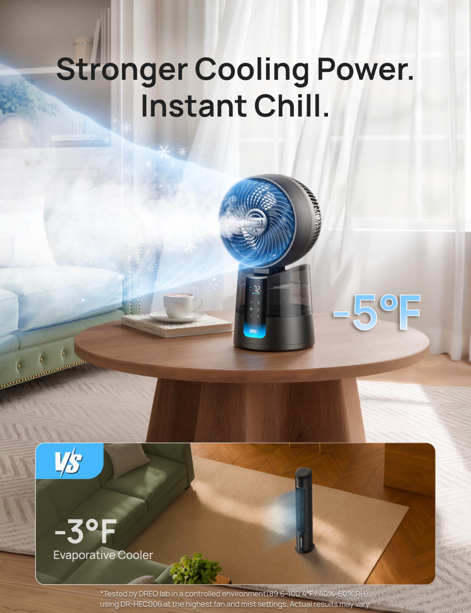 DREO TurboCool Misting Fan 516, 5℉ Drop Cooling Fans that Blow Cold Air, 150°+30° Omni-directional Oscillating, Evaporative air cooler, 26 ft/s Wind, Ultrafine Mist, 20dB Quiet, 6 Speeds 2 Modes, Grey