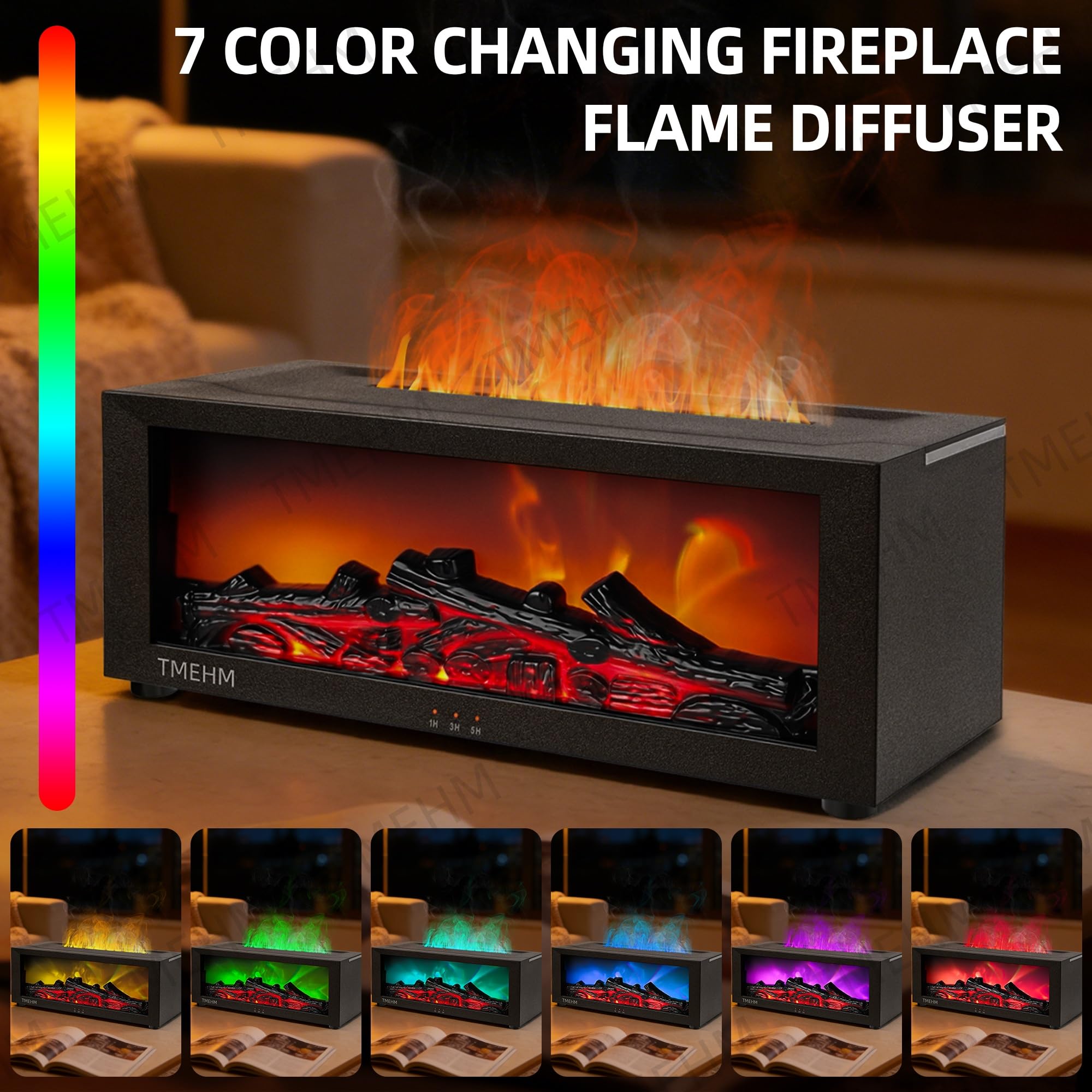 TMEHM Fireplace Flame Air Diffuser Humidifier,7 Colors Aromatherapy Essential Oil Diffuser,Ultrasonic Aroma Humidifier with Timer for Home,Bedroom,Office,Yoga (Black)