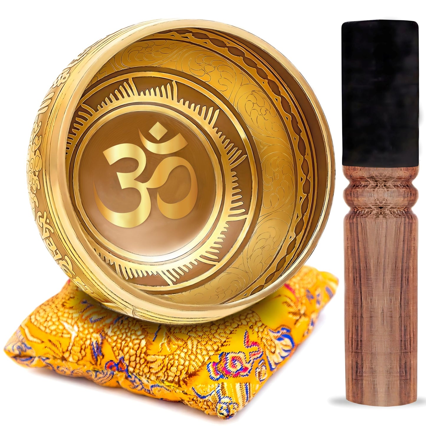 Tibetan Singing Bowl Set – Bronze Master Grade with Pure Tone & Thangka Art – Handmade in Nepal by Himalayan Bazaar (Gold & Yellow)