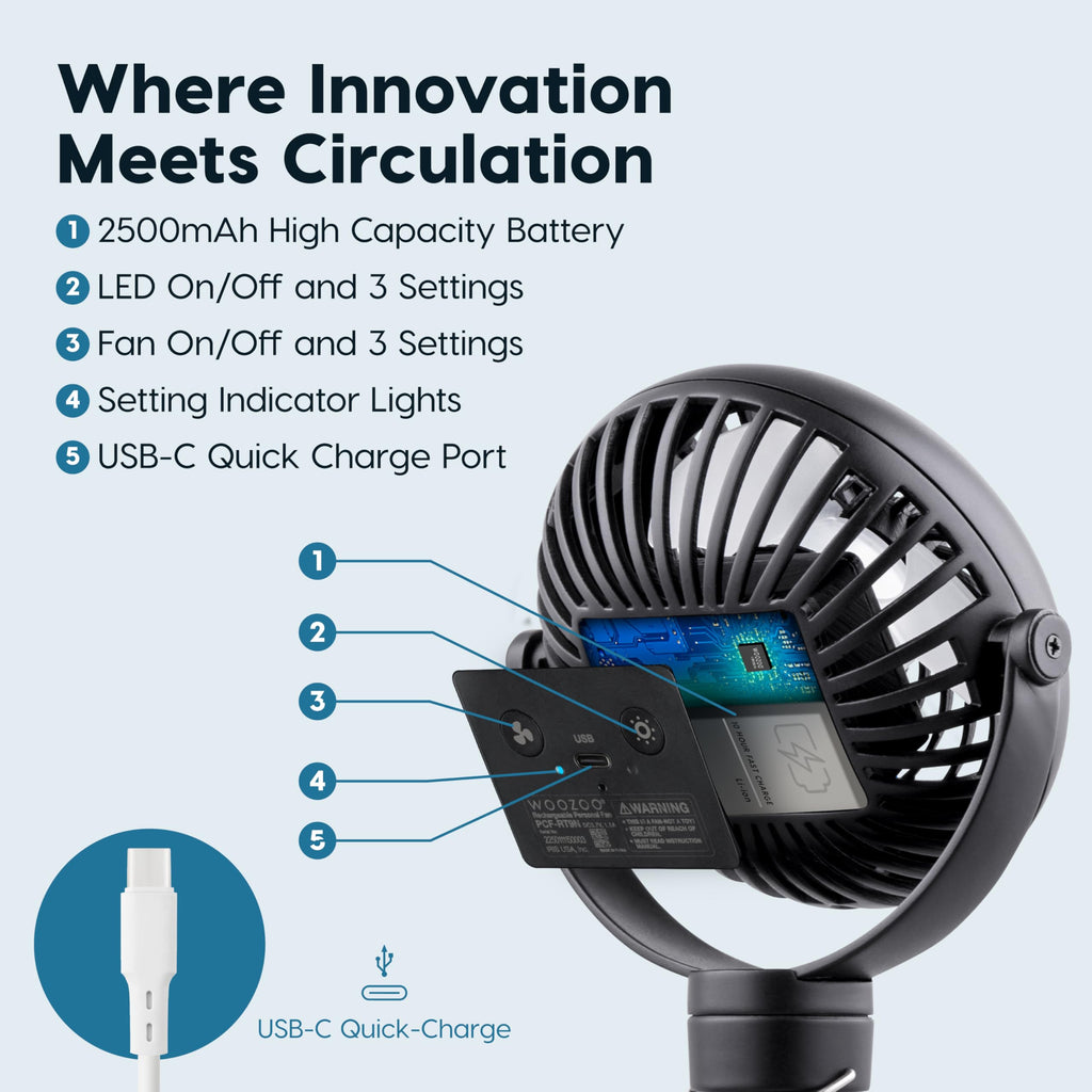 IRIS USA WOOZOO 3.5" Cordless Portable Clip On Fan, USB-C Rechargeable Fan, LED Light, Mosquito Repellent Tray, 360° Tilt, 3 Speeds,Bedside Kitchen Camping Golfing Outdoor Use, Blue