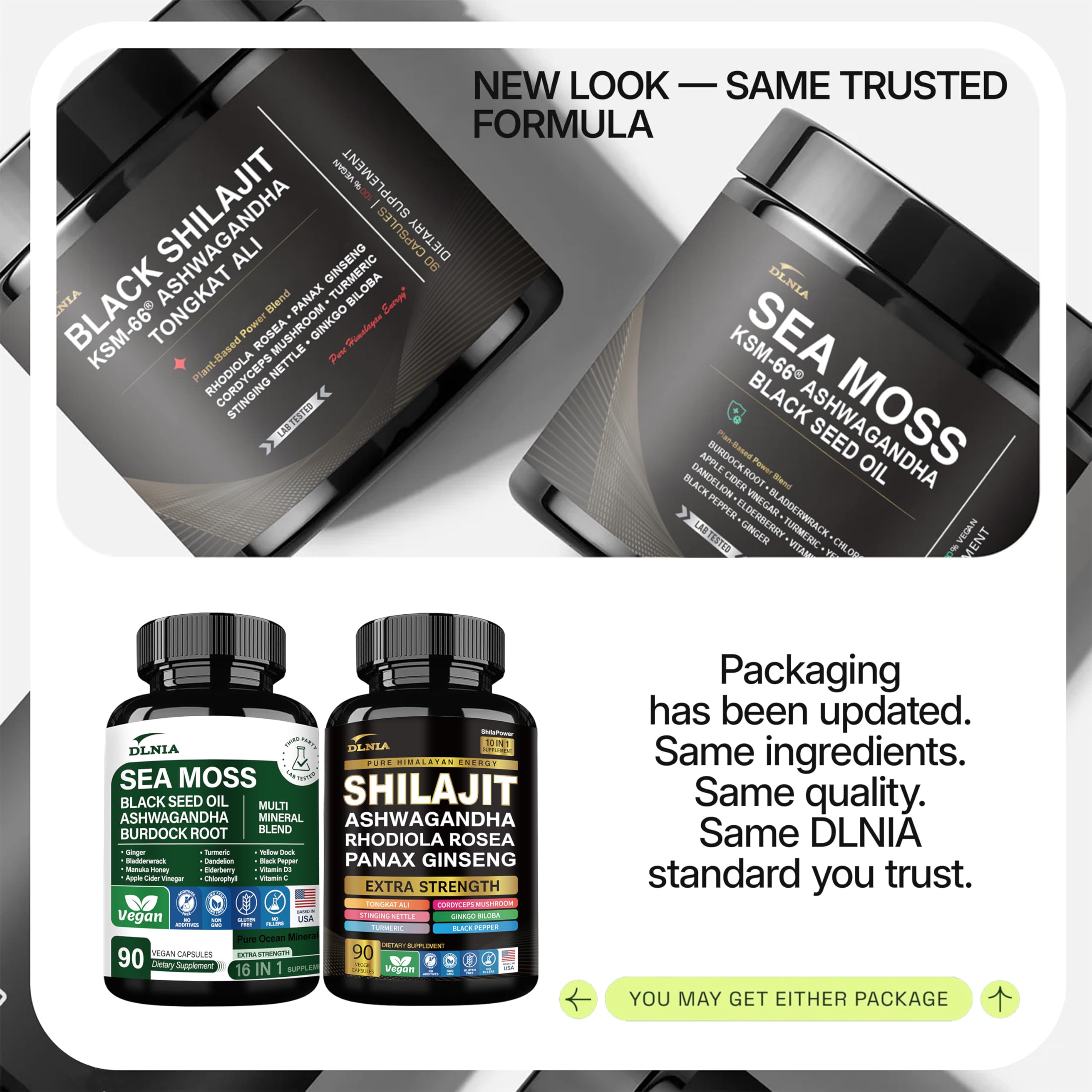 DLNIA Shilajit 9000mg, Sea Moss 17500mg, Ginger & Black Seed Oil 4000mg, Ashwagandha 5000mg, Rhodiola Rosea, 1000mg Panax Ginseng 1500mg, All in 1 Supplement - Sea Moss & Shilajit Vitality Bundle