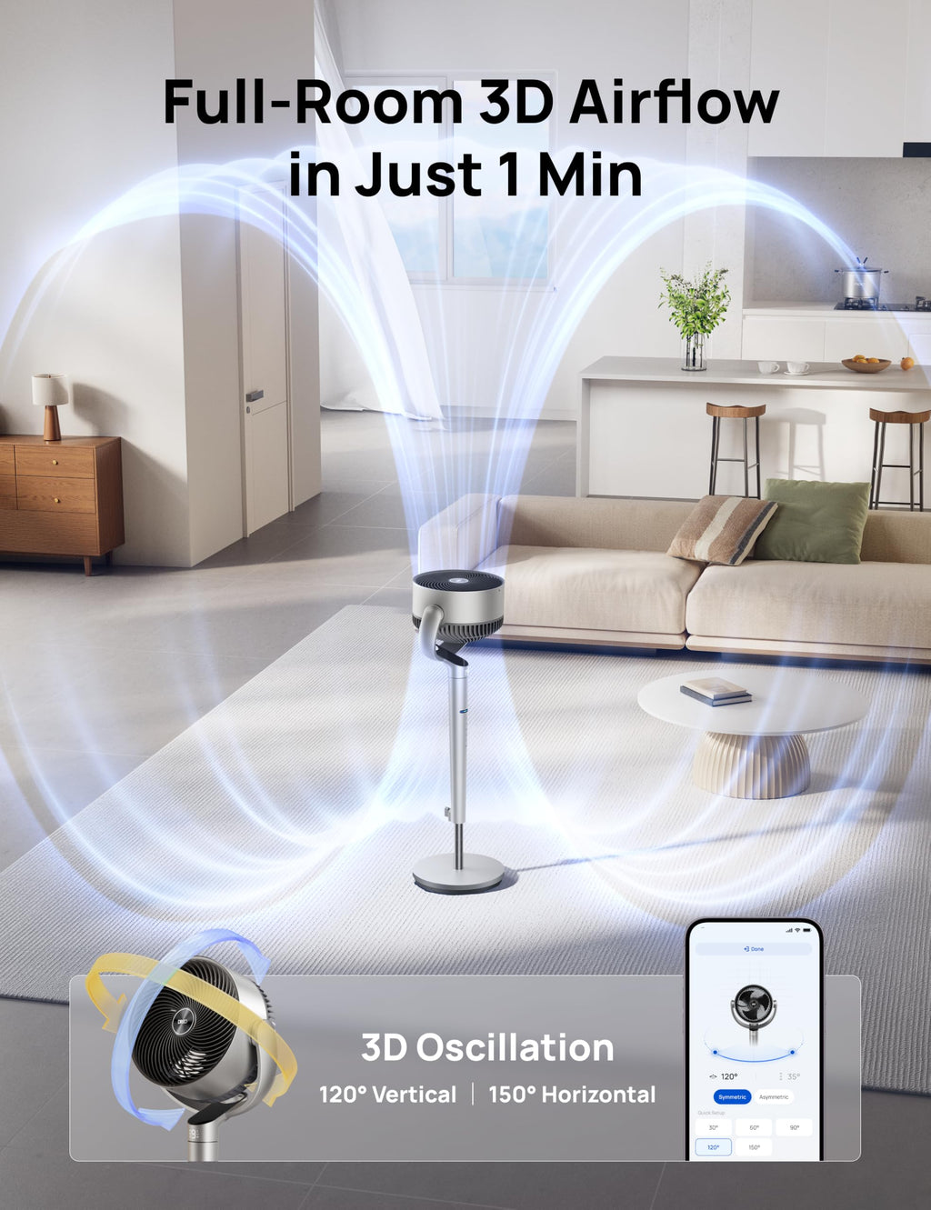 DREO Smart Fan for Bedroom, Position-based Oscillation, 150°+120° 3D Oscillating Fan, 110ft Pedestal Fans with Wi-Fi/Voice/Remote, Standing Fans Work with Alexa/Google, 9 Speeds, 6 Modes, 20dB, Silver