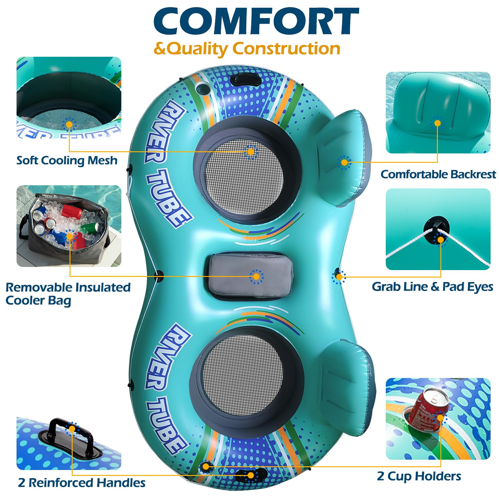 Jasonwell Heavy Duty 2 Person Inflatable River/Pool Tube Float with Removable Cooler, Tubes for Lake, Floating River Raft Lounge Floatie with 2 cup Holders For Adults, Cyan