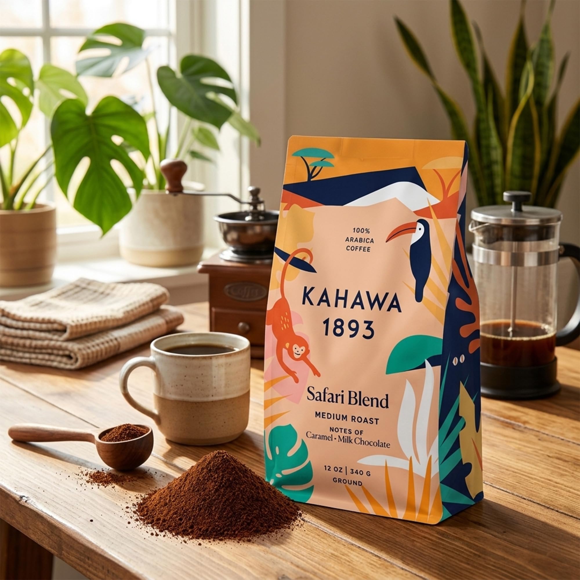 Kahawa 1893 Ground Coffee Medium Roast Safari Blend 12 Oz - As Seen on Shark Tank, High Antioxidants, Naturally Sweet, Organically Grown, Ethically & Sustainably Sourced