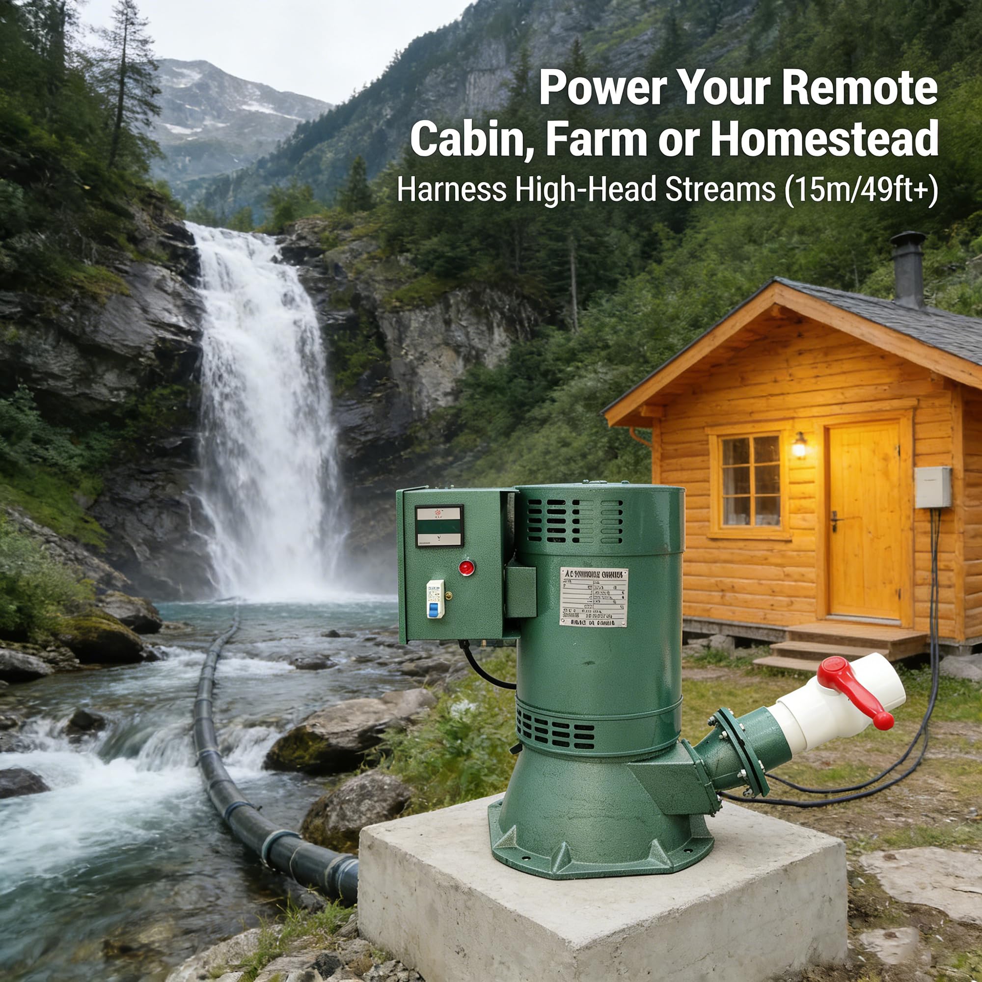 EQCOTWEA 5KW Hydroelectric Generator Set Water Power Generator Automatic Voltage Regulation & Leakage Protection ≥15m/49FT Off-Grid Power Generator Pelton Turbine for Home/Rural Use 220V/60HZ