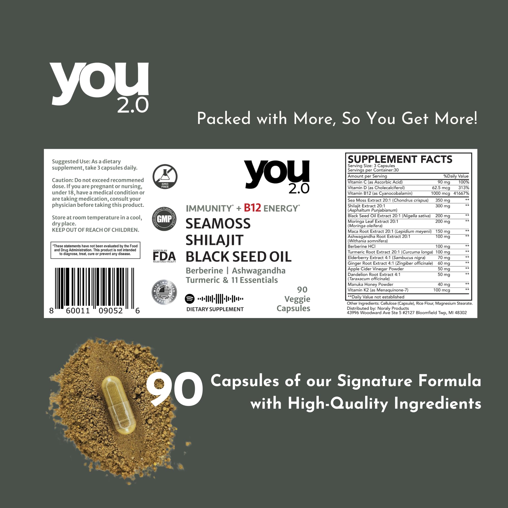YOU 2.0 Powerhouse Superfood with Seamoss, Shilajit, Ashwagandha, Berberine, Maca, Black Seed Oil, Turmeric, Vitamin C, D, B12, K2 - Moringa, Apple Cider, Made in USA for Overall Health & Immunity