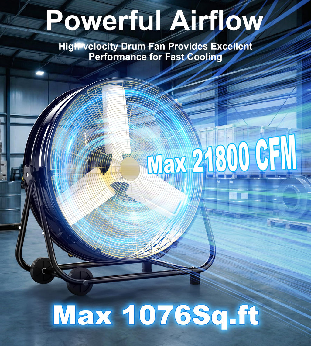 AKIRES 36IN Industrial Floor Drum Fan,21,800CFM High Velocity Heavy Duty Shop Fan with 360° Tilt,Handle,600W High Velocity Drum Fan for Garage,Basement,Warehouse,Patio,Factory,Workshop,Commercial Use