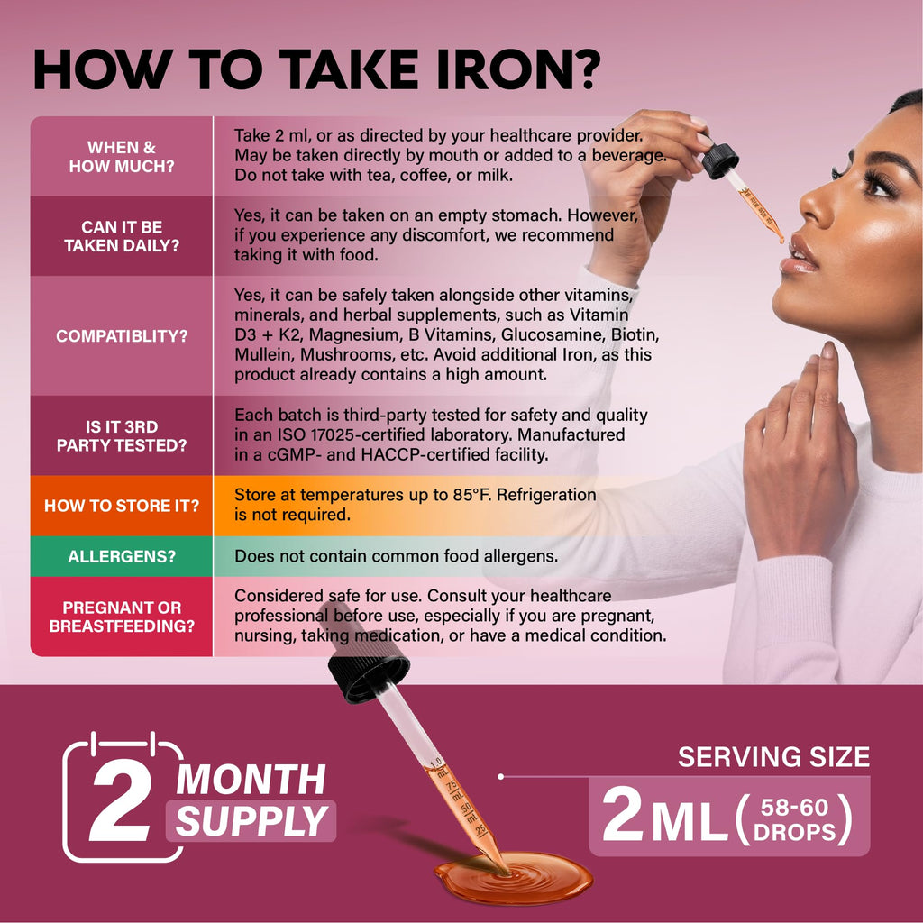 Liquid Iron Supplement for Women 18 mg - USDA Organic Drops, USA-Made - with Folate, Vitamin B12 & B6 - Iron Level & Energy - Gentle & High Absorption Glycinate Form - Cherry Flavor, Sugar-Free, 4 oz