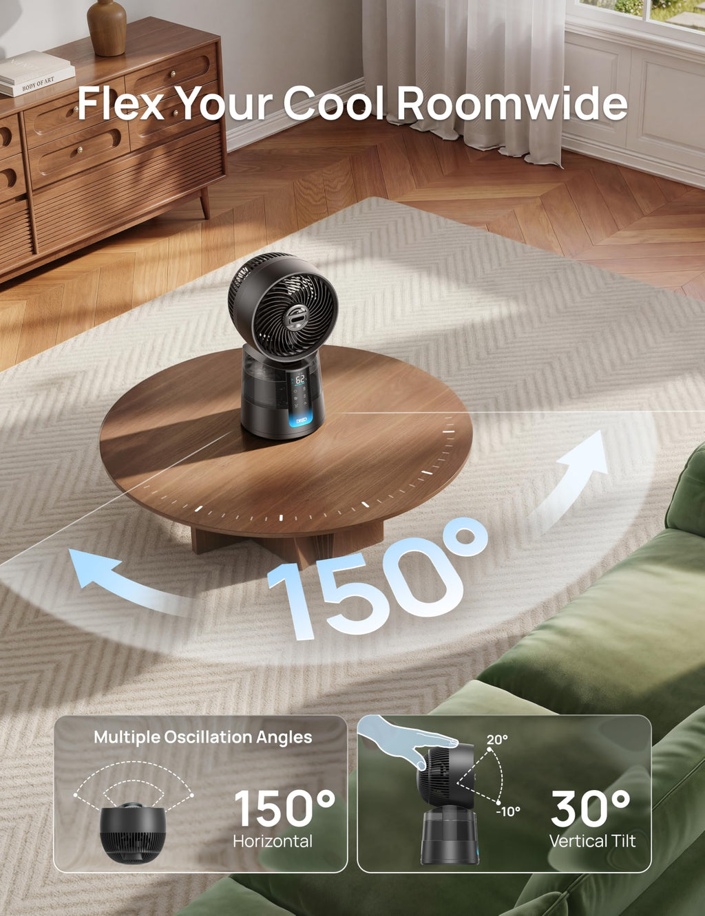 DREO TurboCool Misting Fan 516, 5℉ Drop Cooling Fans that Blow Cold Air, 150°+30° Omni-directional Oscillating, Evaporative air cooler, 26 ft/s Wind, Ultrafine Mist, 20dB Quiet, 6 Speeds 2 Modes, Grey