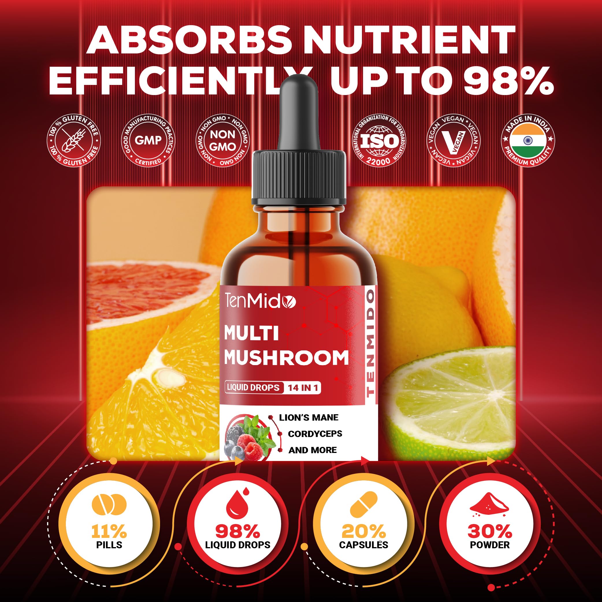 Tenmido Mushroom Complex - Herbal Liquid Drops - 14in1 with Lions Mane, Cordyceps, Reishi, Turkey, Chaga, Shiitake, Ashwagandha, Bacopa, Gotu Kola, and More - 30ml 1 Fl Oz