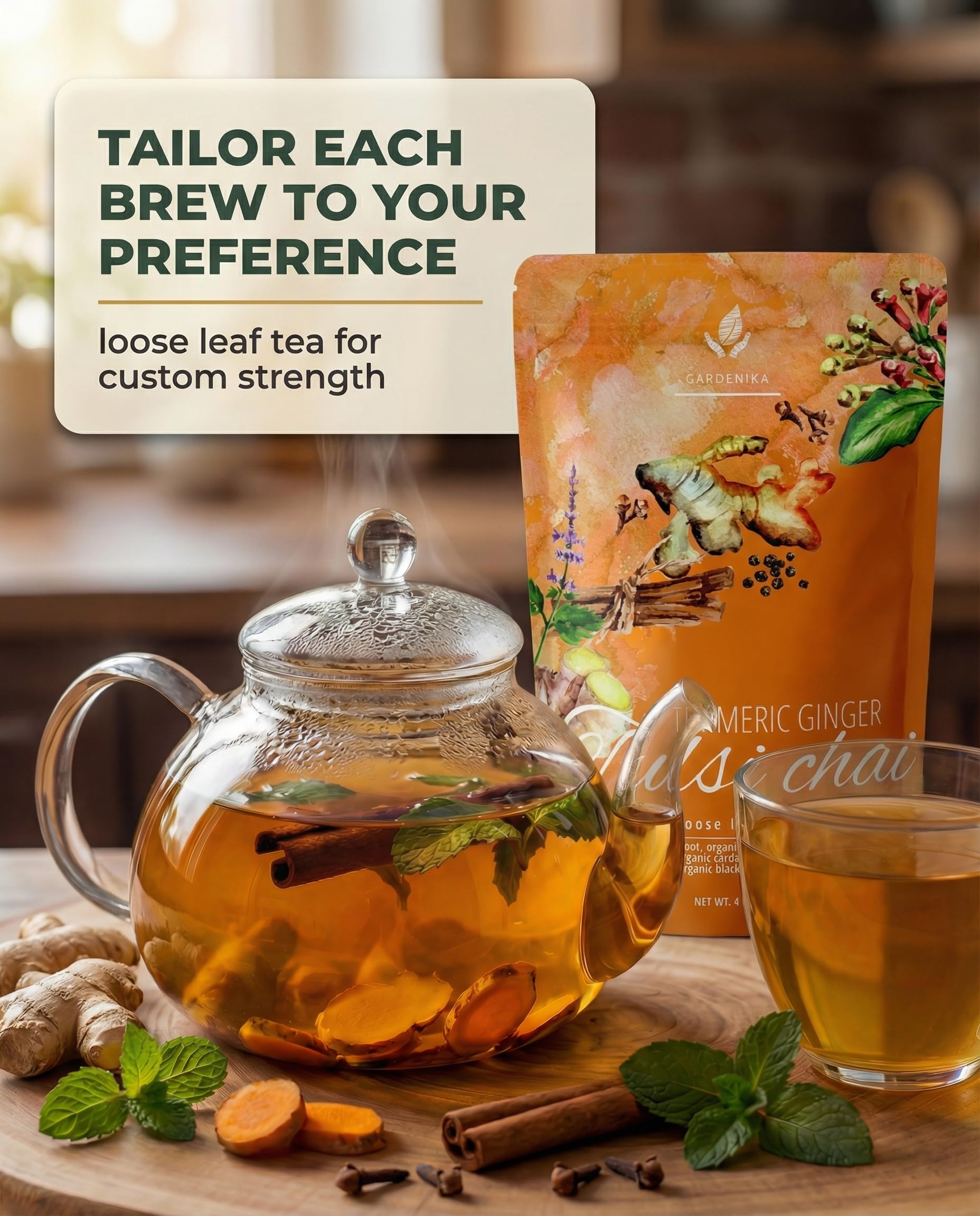 Organic Turmeric Ginger Tulsi Chai Tea | Loose Leaf | Ayurvedic Superfood Blend | Herbal and Caffeine-Free | 55+ Cups | KSA Kosher | 4 oz