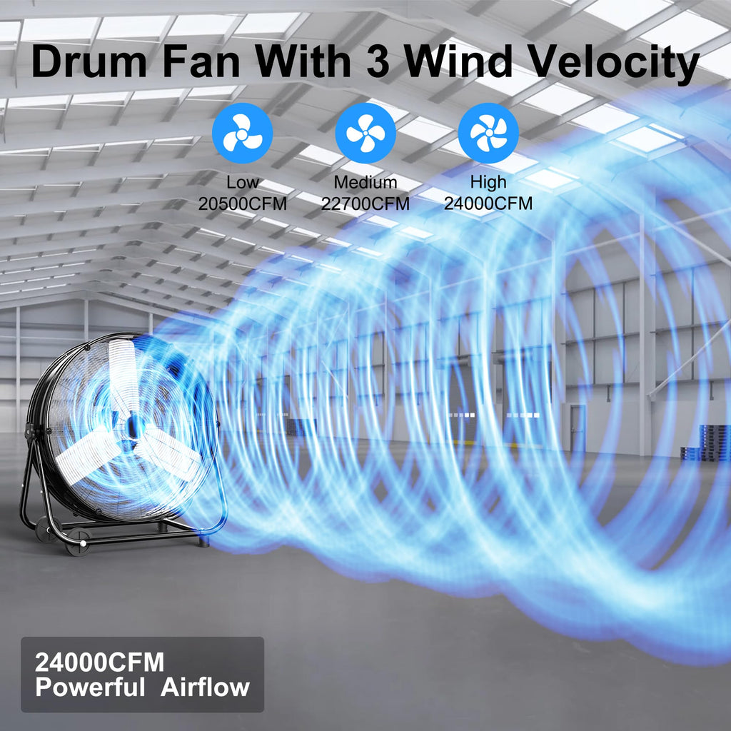AKIRES 40 Inch Industrial Drum Fan,24800 CFM High Velocity Floor Fan With 360°Adjustable Tilt,Heavy Duty Metal Fan with 1200 Sq.ft,3 Speed,Electric Fan For Commercial,Factory,Basement(Black)
