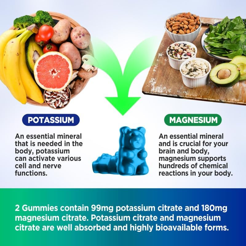 Potassium Magnesium Gummies, High Absorption Potassium Citrate 99Mg Magnesium Citrate 180Mg, Chewable Gummy Supplements for Leg Cramps & Muscle, 60 Count
