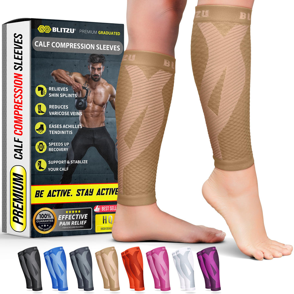 BLITZU Calf Compression Sleeves for Men and Women. Footless Compression Socks Support for Varicose Vein, Nursing, Running. Leg Sleeve Brace for Shin Splints, Pain Relief & Reduces Swelling Nude S-M