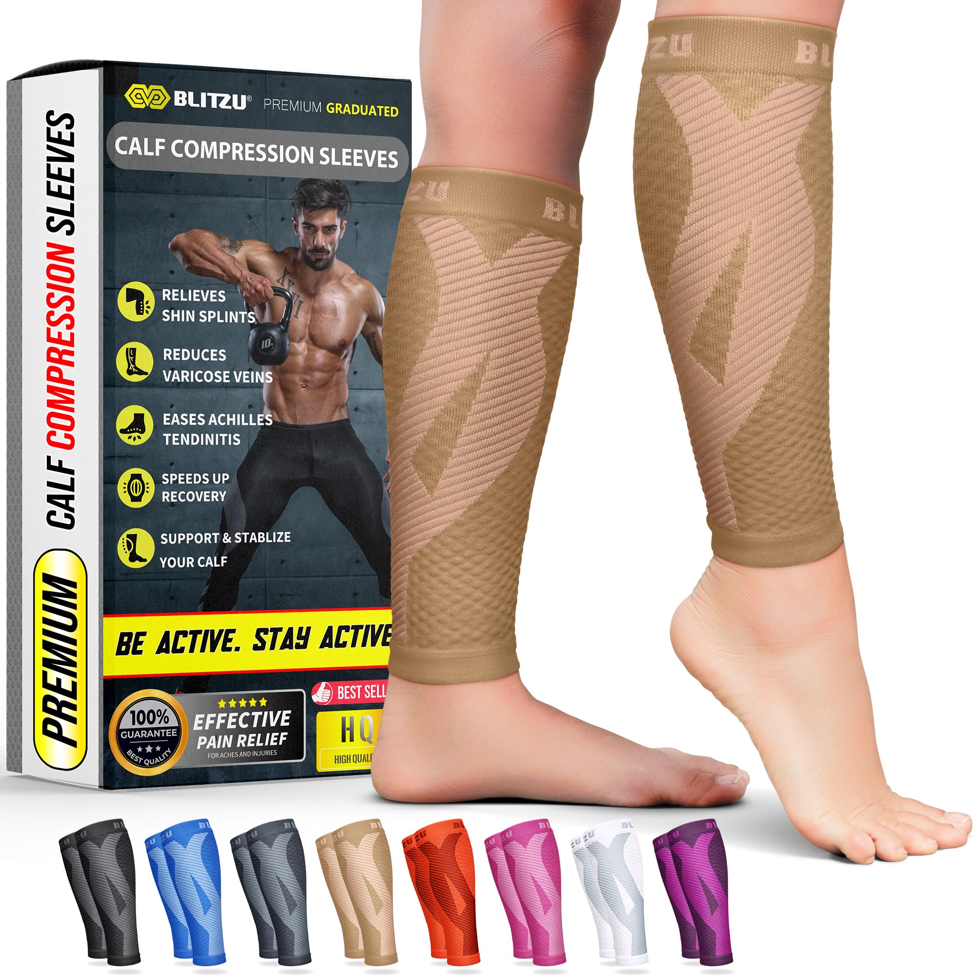 BLITZU Calf Compression Sleeves for Men and Women. Footless Compression Socks Support for Varicose Vein, Nursing, Running. Leg Sleeve Brace for Shin Splints, Pain Relief & Reduces Swelling Nude S-M