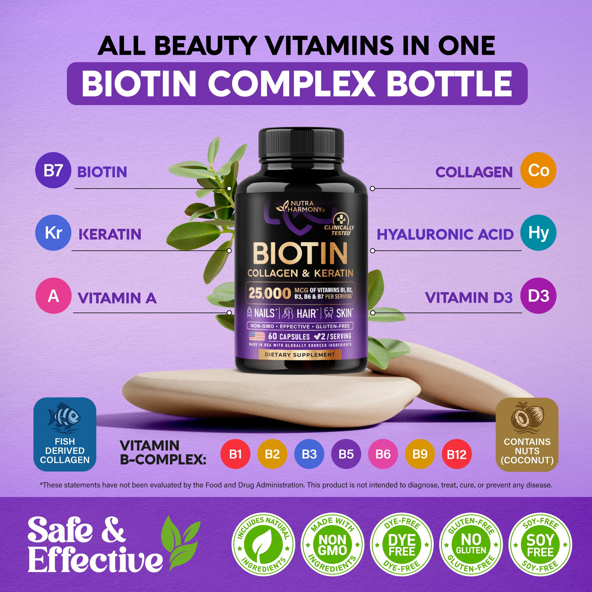 NUTRAHARMONY Biotin | Collagen | Hyaluronic Acid | Keratin - Support Normal Hair Growth Cycle - Skin & Nails - 25000mcg Vitamins B1, B2, B3, B6 & B7 - for Women & Men - Made in USA | 60 Capsules