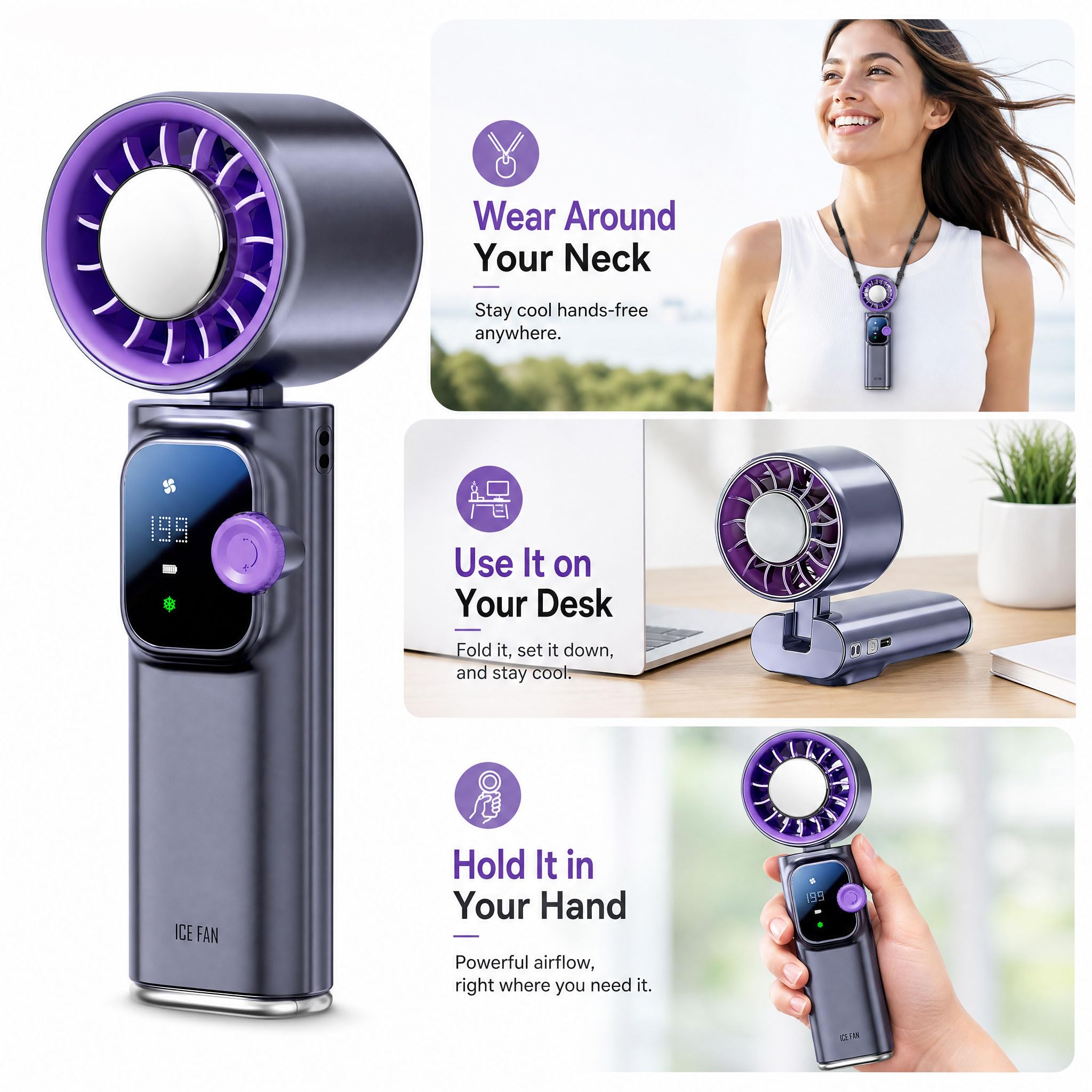 Handheld Fan Ice Cooling, Portable Turbo Fan with Ice Cooler, 199 Wind Speed, Rechargeable Foldable Hangable, 20000 RPM 4000mAh Battery, Small Personal Pocket Fan for Outdoor Travel with Metal Hanger