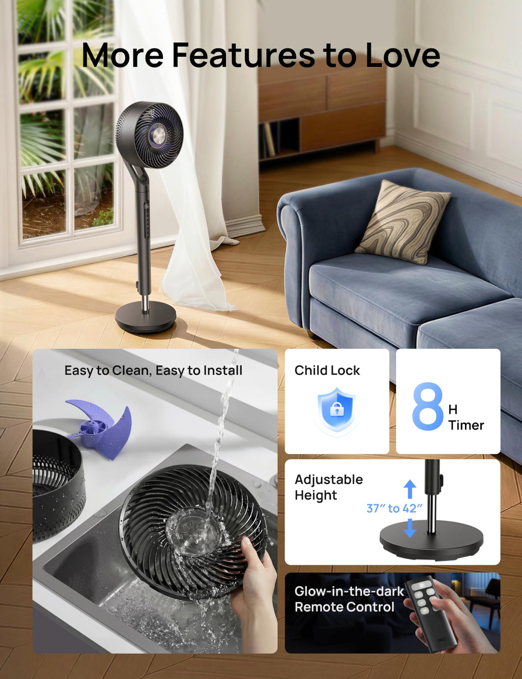 DREO Fan for Bedroom, 2026 New model,120°+100° Omni-Directional Oscillating Fan, 96ft, DC Motor, 20 dB Quiet Standing Pedestal Fans, 9 Speeds, 3 Modes, Remote, 37-42" Adjustable Height, 8H Timer