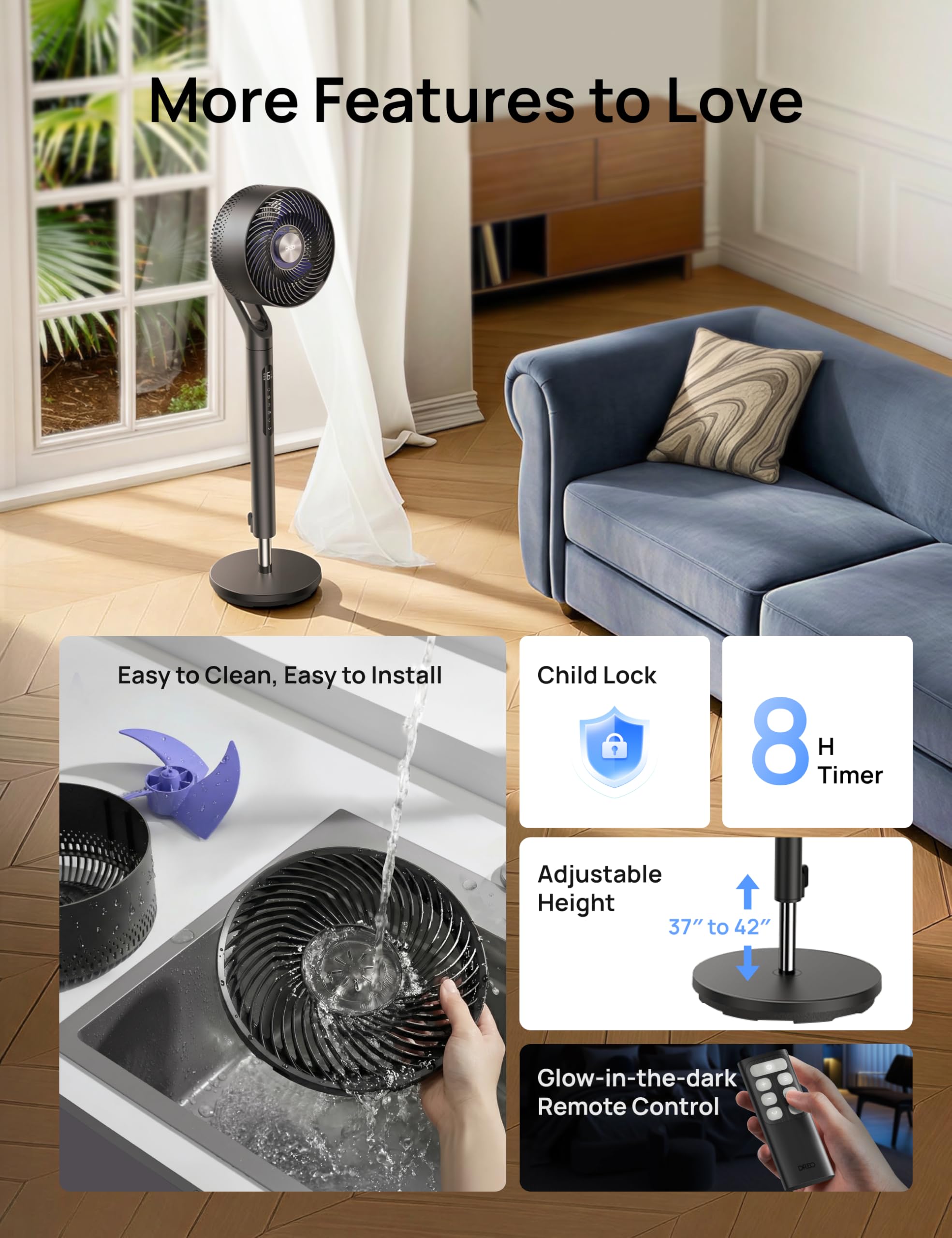 DREO Fan for Bedroom, 2026 New model,120°+100° Omni-Directional Oscillating Fan, 96ft, DC Motor, 20 dB Quiet Standing Pedestal Fans, 9 Speeds, 3 Modes, Remote, 37-42" Adjustable Height, 8H Timer