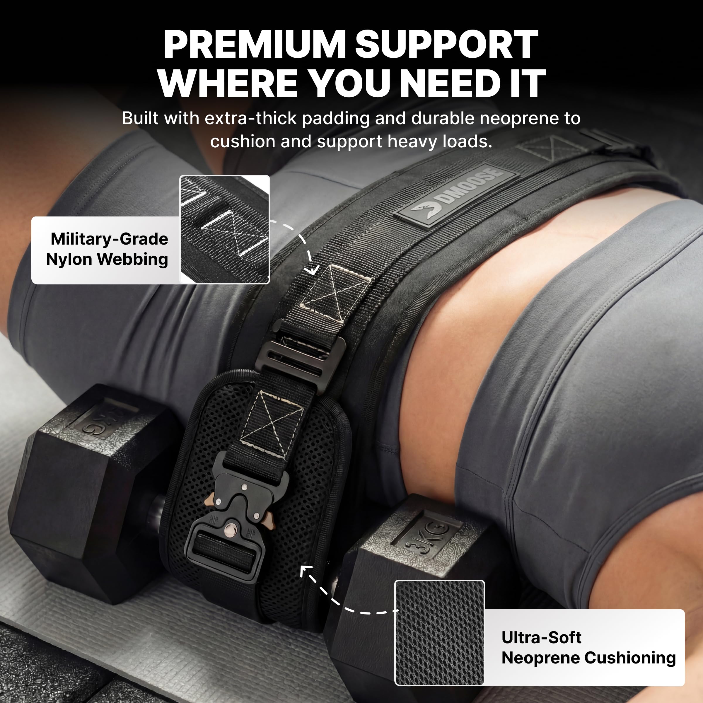 DMoose Fitness Hip Thrust Belt - Dual-Strap Glute Builder for Dumbbells, Plates, Kettlebells (Supports up to 700 lbs) - Comfortable Padded Booty Belt for Home & Gym (Black)