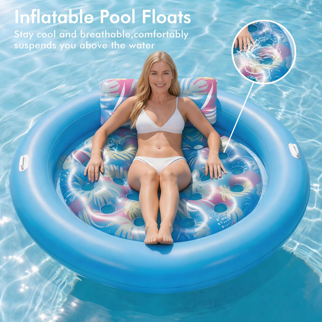 Pool Floats Adult Heavy Duty, OKSUWATER 75" x 75" Giant Inflatable Pool Float with Removable Pillow & Handles, Tanning Pool Lounger Floaties Bed for Swimming Pool Beach Outdoor Summer Party (Blue-XL)