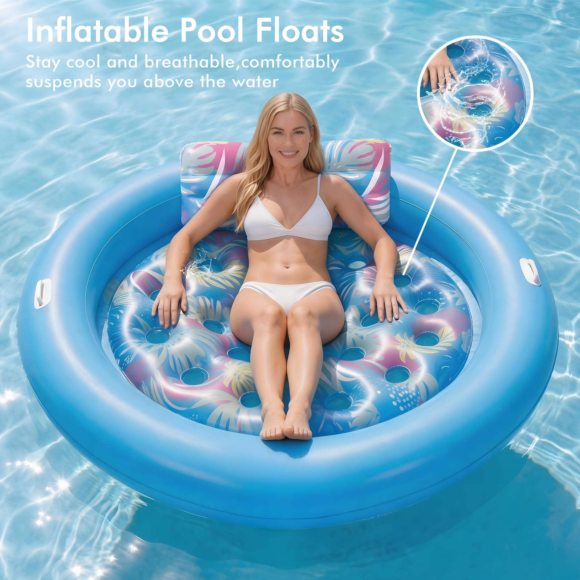 Pool Floats Adult Heavy Duty, OKSUWATER 75" x 75" Giant Inflatable Pool Float with Removable Pillow & Handles, Tanning Pool Lounger Floaties Bed for Swimming Pool Beach Outdoor Summer Party (Blue-XL)
