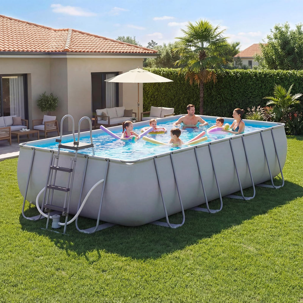 SunSwell 18' x 9' x 47" Rectangular Above Ground Pool Set with Removable Ladder and Filter Pump, Large Swimming Pool for Backyard, Gray