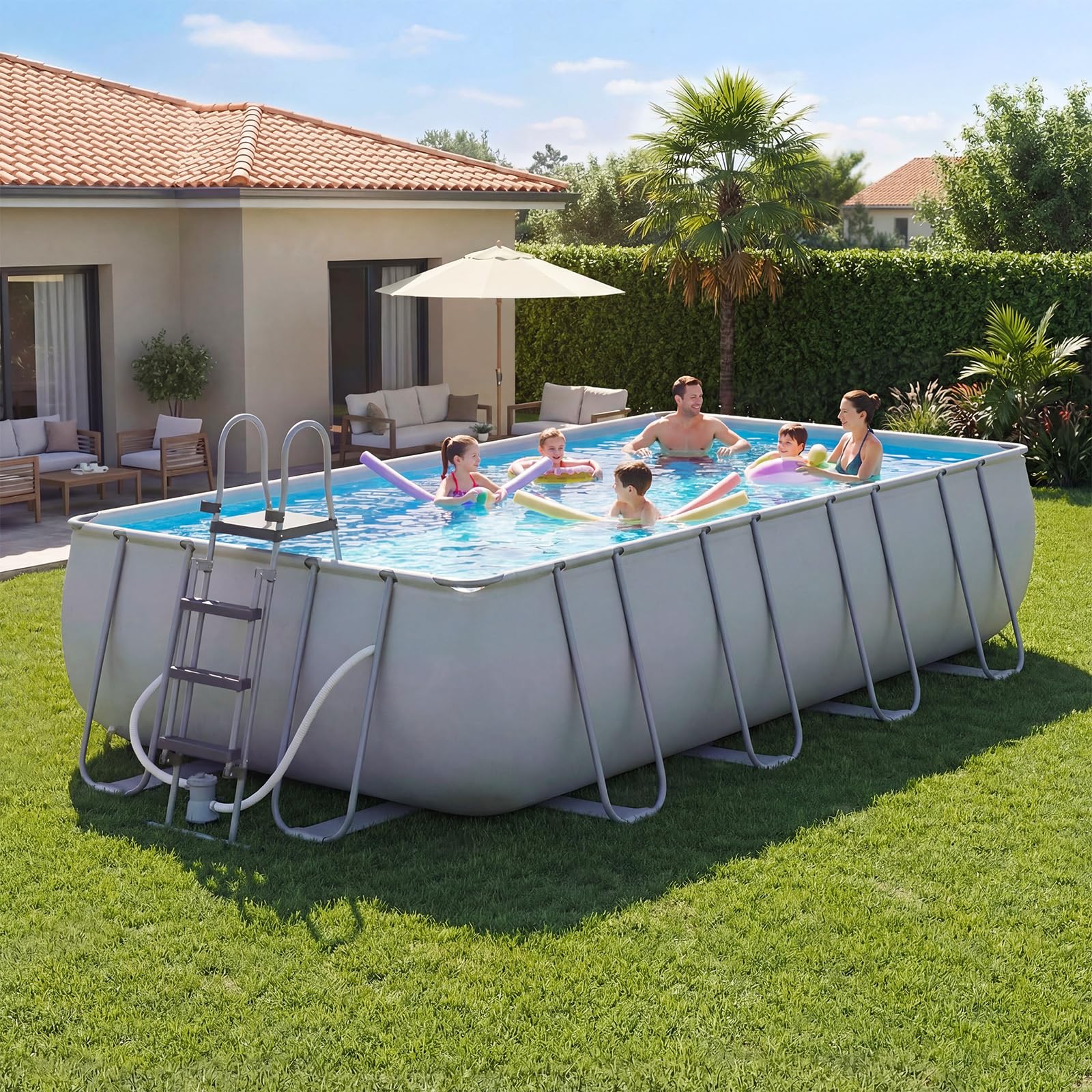 SunSwell 18' x 9' x 47" Rectangular Above Ground Pool Set with Removable Ladder and Filter Pump, Large Swimming Pool for Backyard, Gray